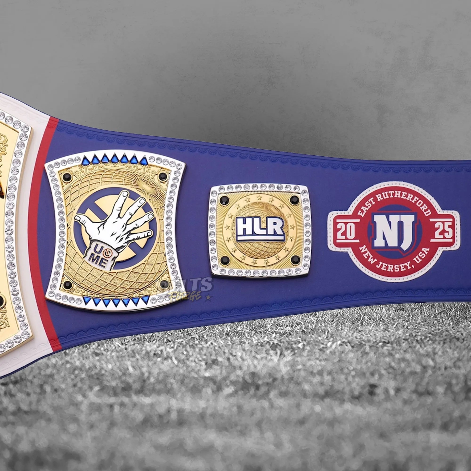 John Cena New Jersey Spinner Championship Belt HLR NJ side plate detail showing gold-plated brass Hustle Loyalty Respect New Jersey plate