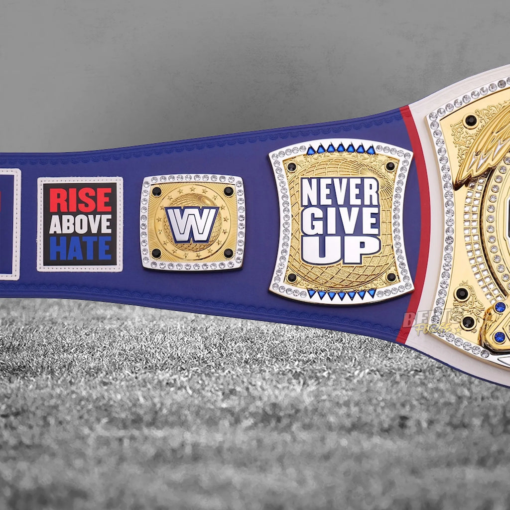 John Cena New Jersey Spinner Championship Belt Never Give Up side plate detail showing gold-plated brass Never Give Up motto plate