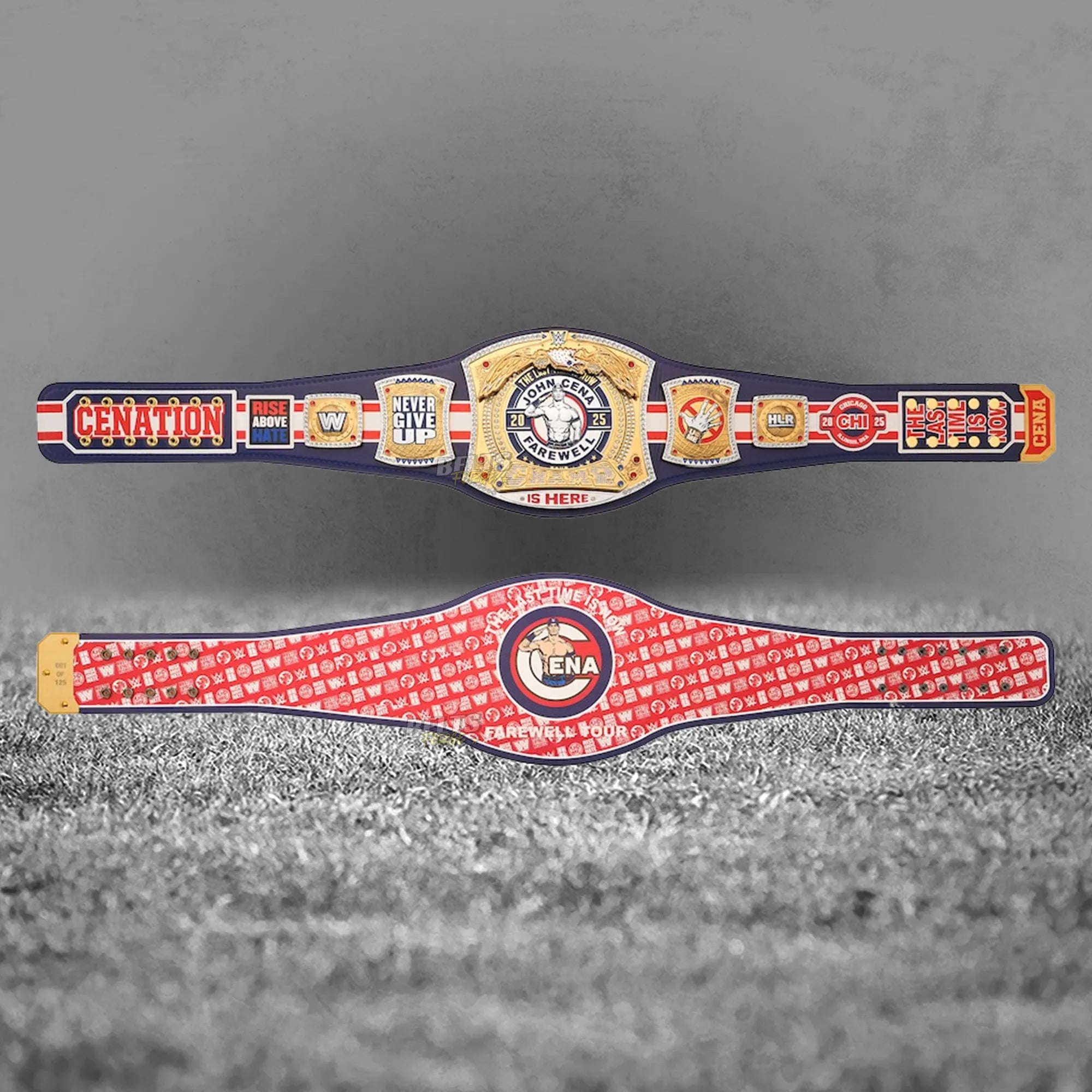 John Cena Chicago Spinner Championship Belt replica front and back display view showing full belt with spinner plate and side plates by Belts Forge