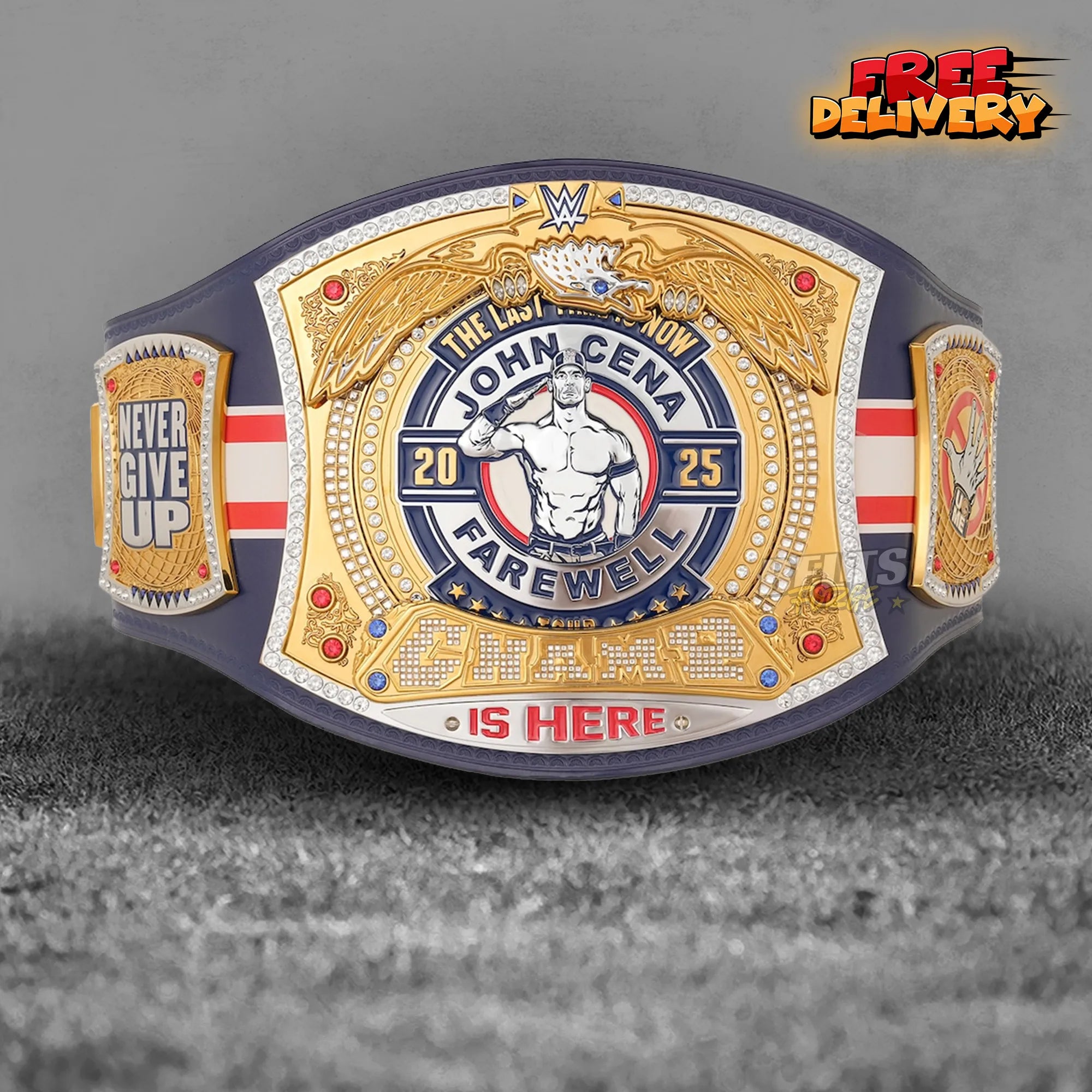 John Cena Chicago Spinner Championship Belt replica front view, gold-plated brass spinner main plate on genuine black leather strap