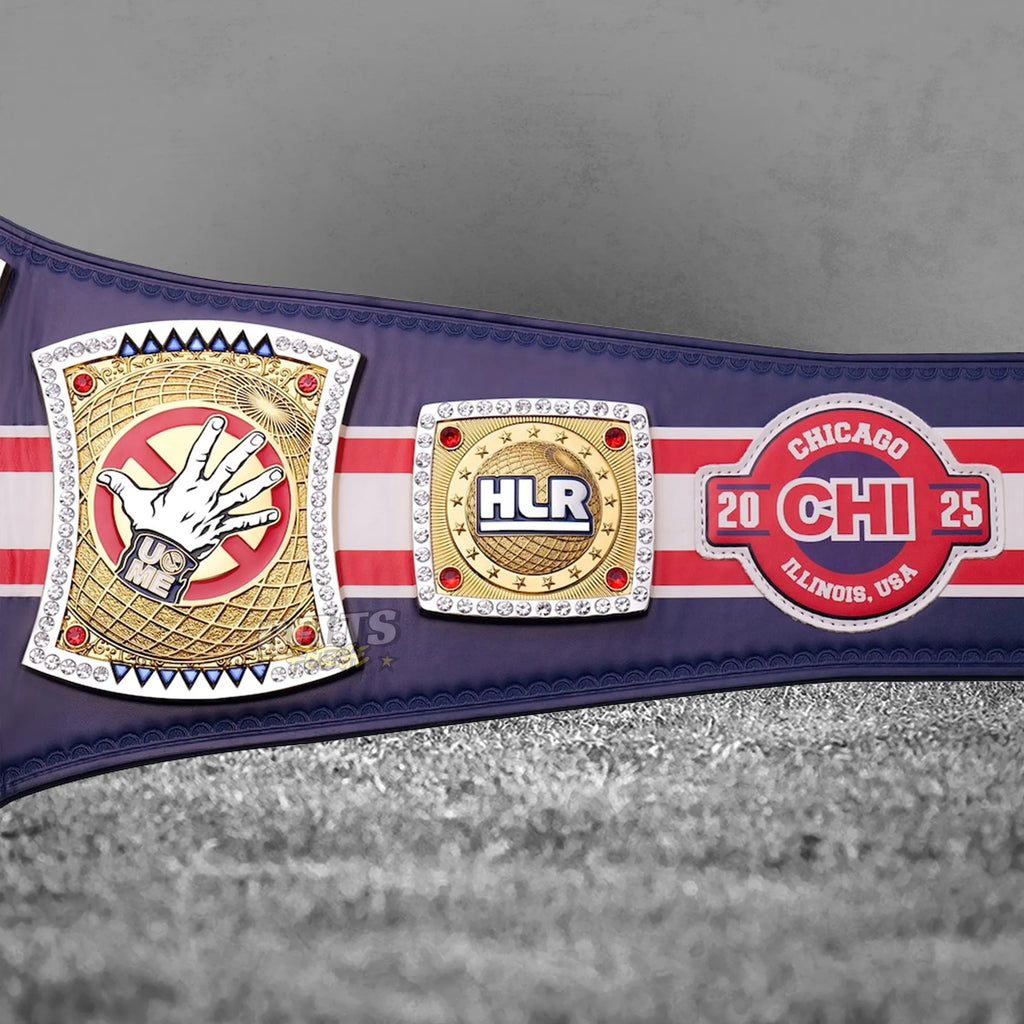 John Cena Chicago Spinner Championship Belt CHI25 side plate detail showing gold-plated brass Chicago 25 plate on leather strap