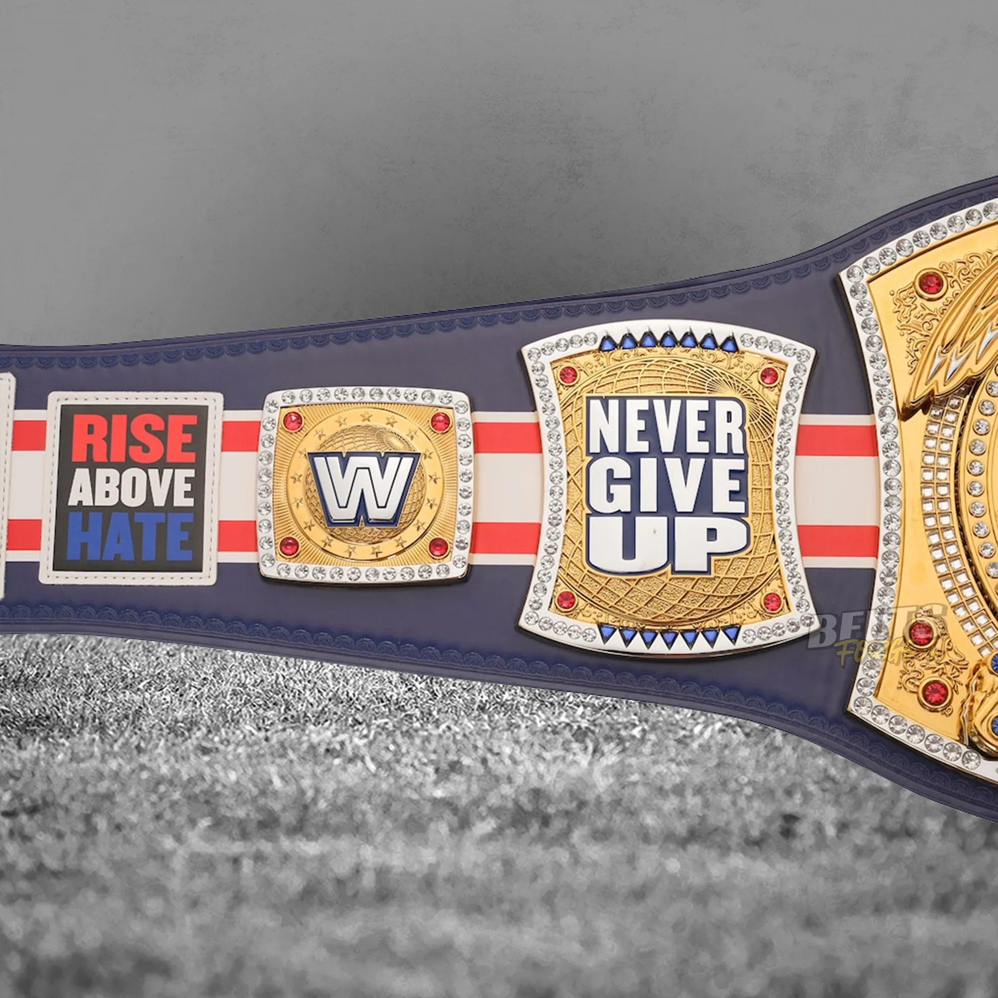 John Cena Chicago Spinner Championship Belt HLR Chicago side plate detail showing gold-plated brass Hustle Loyalty Respect Chicago plate