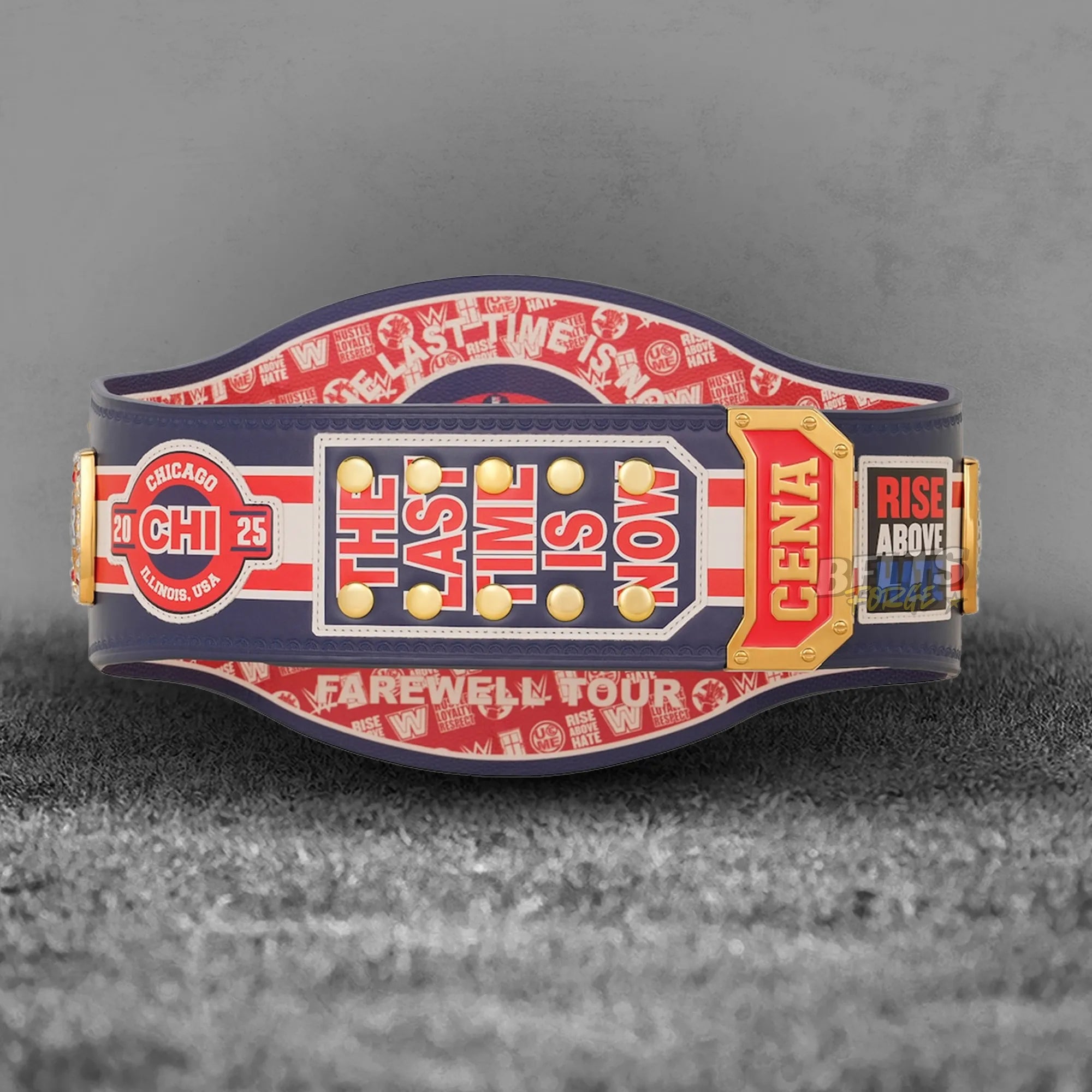 John Cena Chicago Spinner Championship Belt Never Give Up side plate detail showing gold-plated brass Never Give Up motto plate