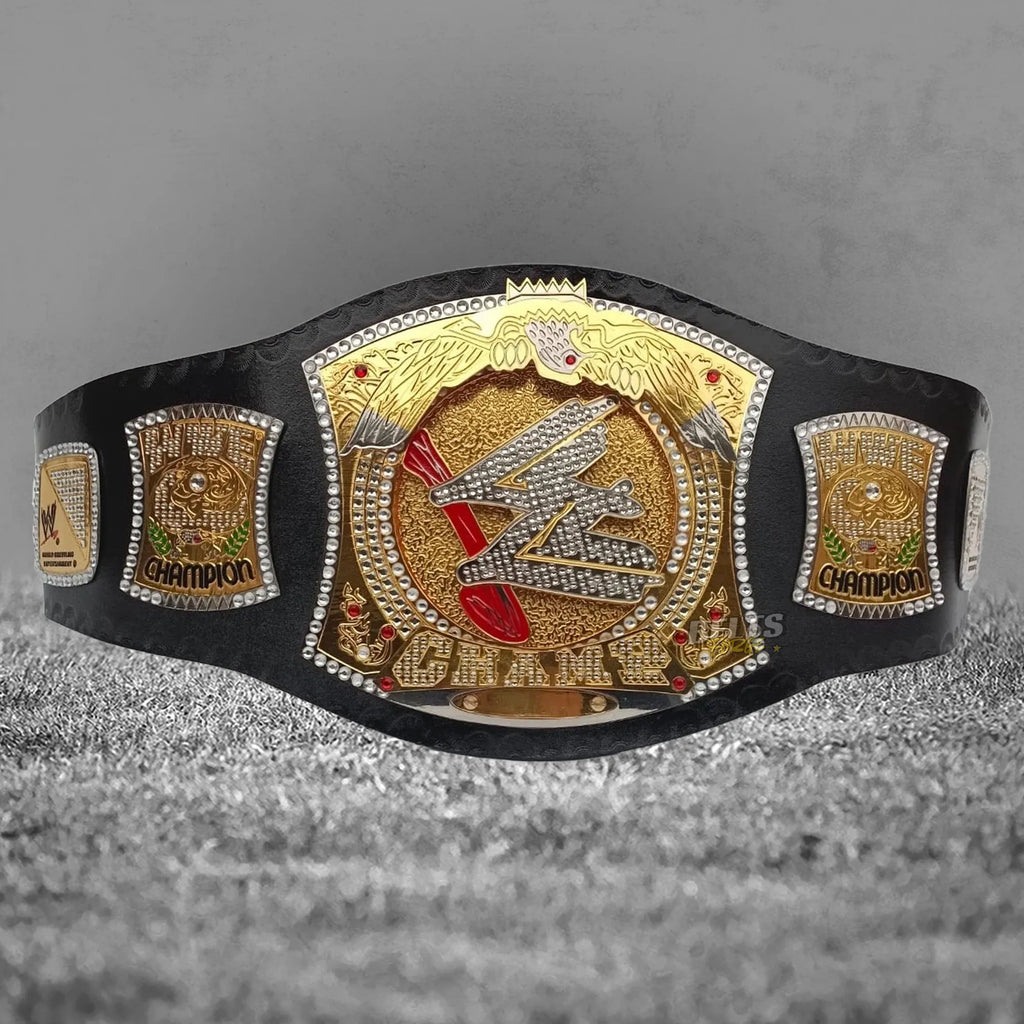 Diamond Spinner Championship Belt angled front view showing center plate and Champion side plates