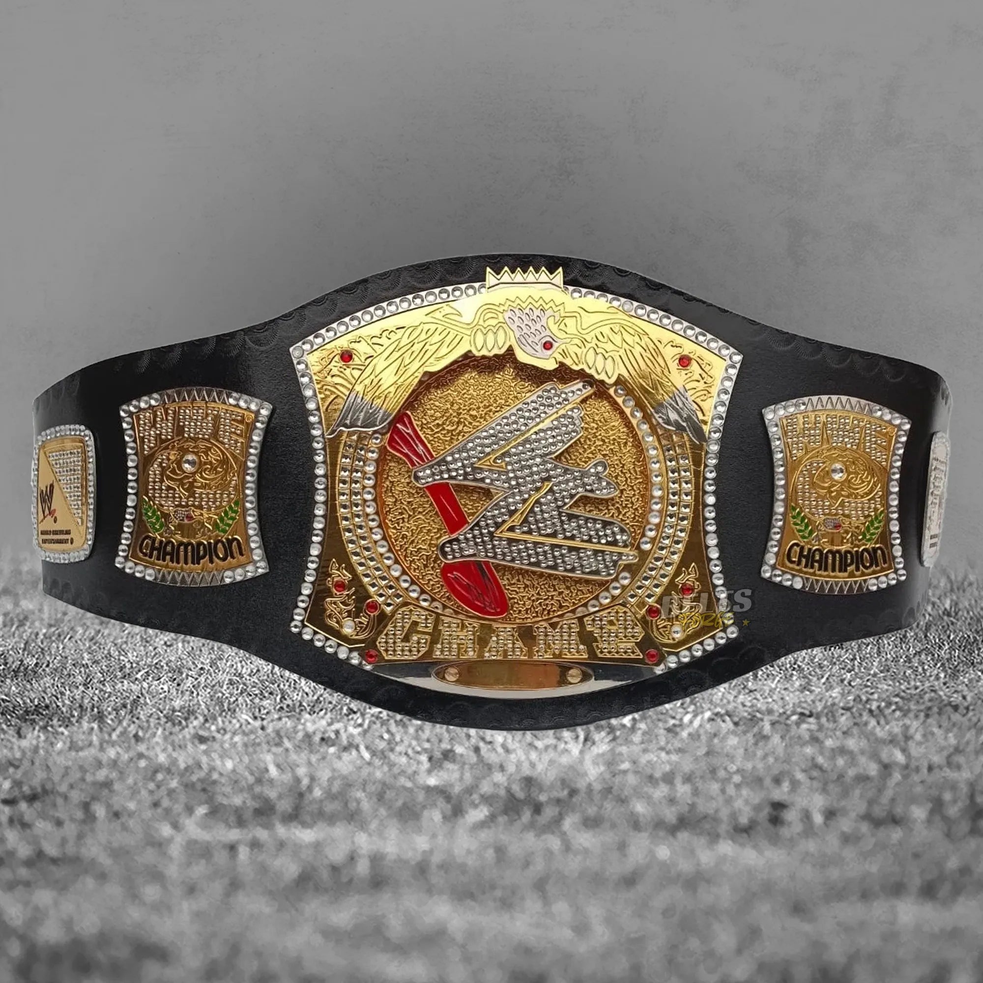 Diamond Spinner Championship Belt angled front view showing center plate and Champion side plates