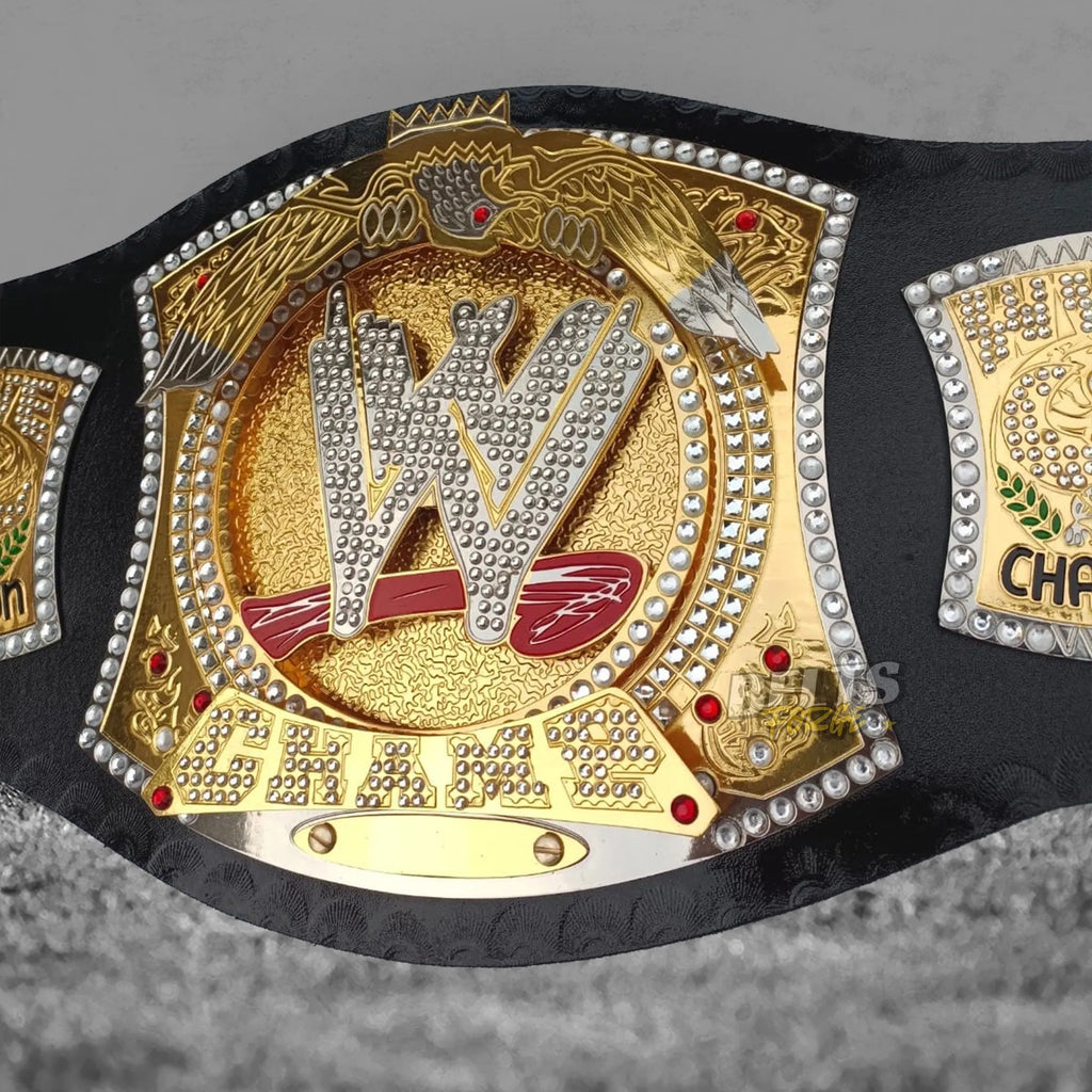 Diamond Spinner Championship Belt center plate angled close-up showing eagle wings and diamond W logo detail