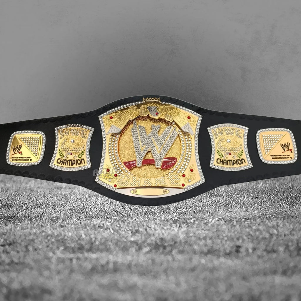 Diamond Spinner Championship Belt center plate close-up showing diamond W logo engraving detail