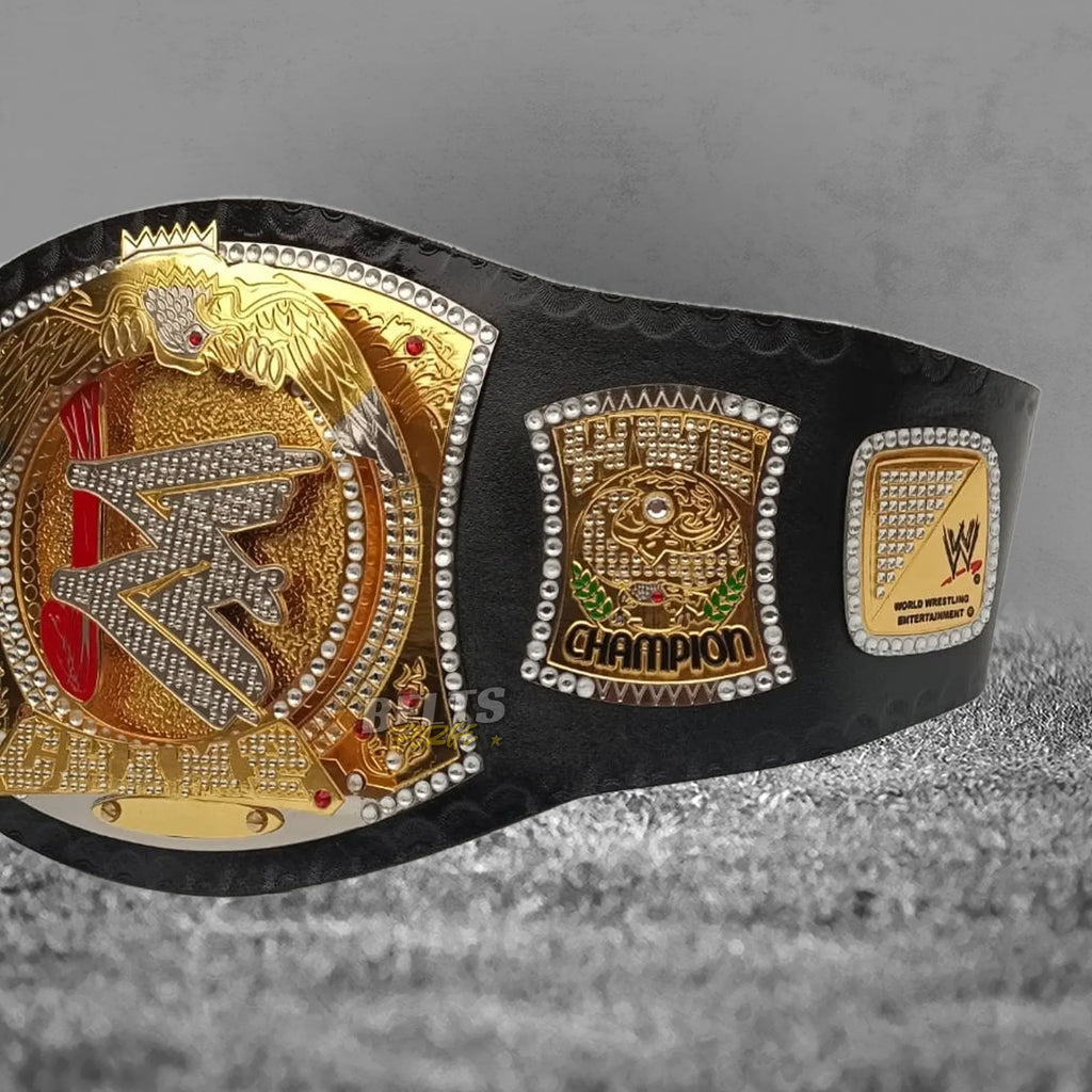 Diamond Spinner Championship Belt full overhead flat lay showing all four gold-plated brass side plates