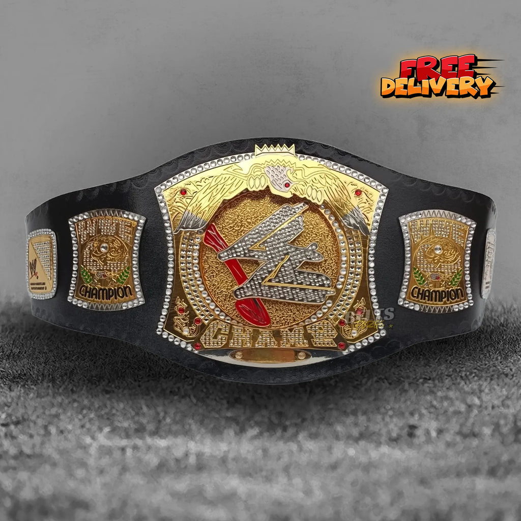 Diamond Spinner Championship Belt promotional front view showing eagle wings and diamond W center plate by Belts Forge