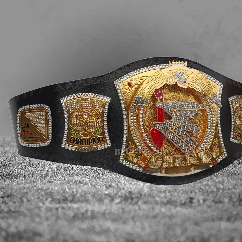 Diamond Spinner Championship Belt right strap showing Champion and Entertainment side plates on genuine leather