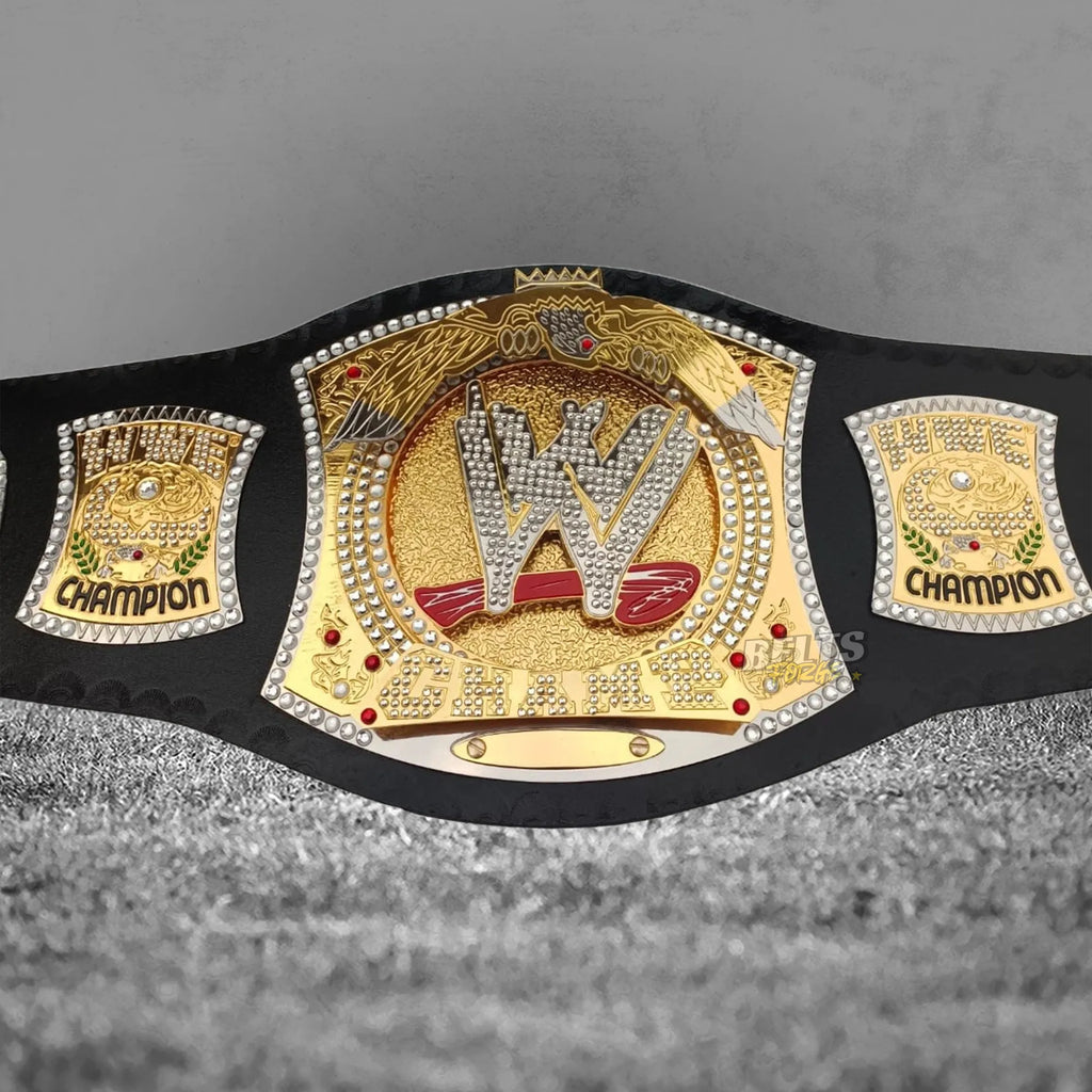 Diamond Spinner Championship Belt straight on front display view showing all gold-plated brass plates