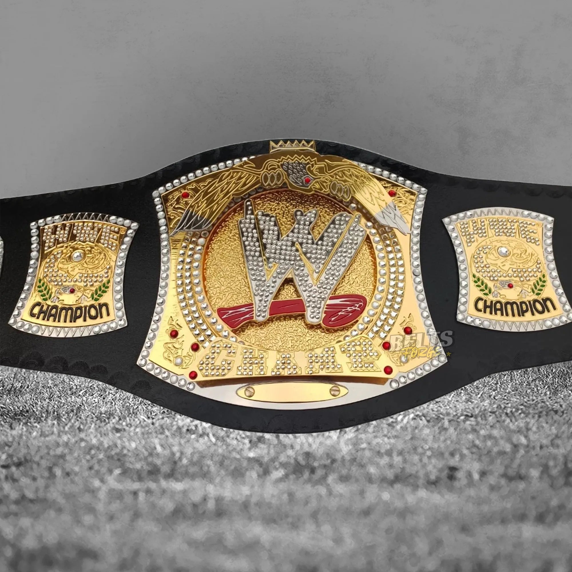 Diamond Spinner Championship Belt straight on front display view showing all gold-plated brass plates
