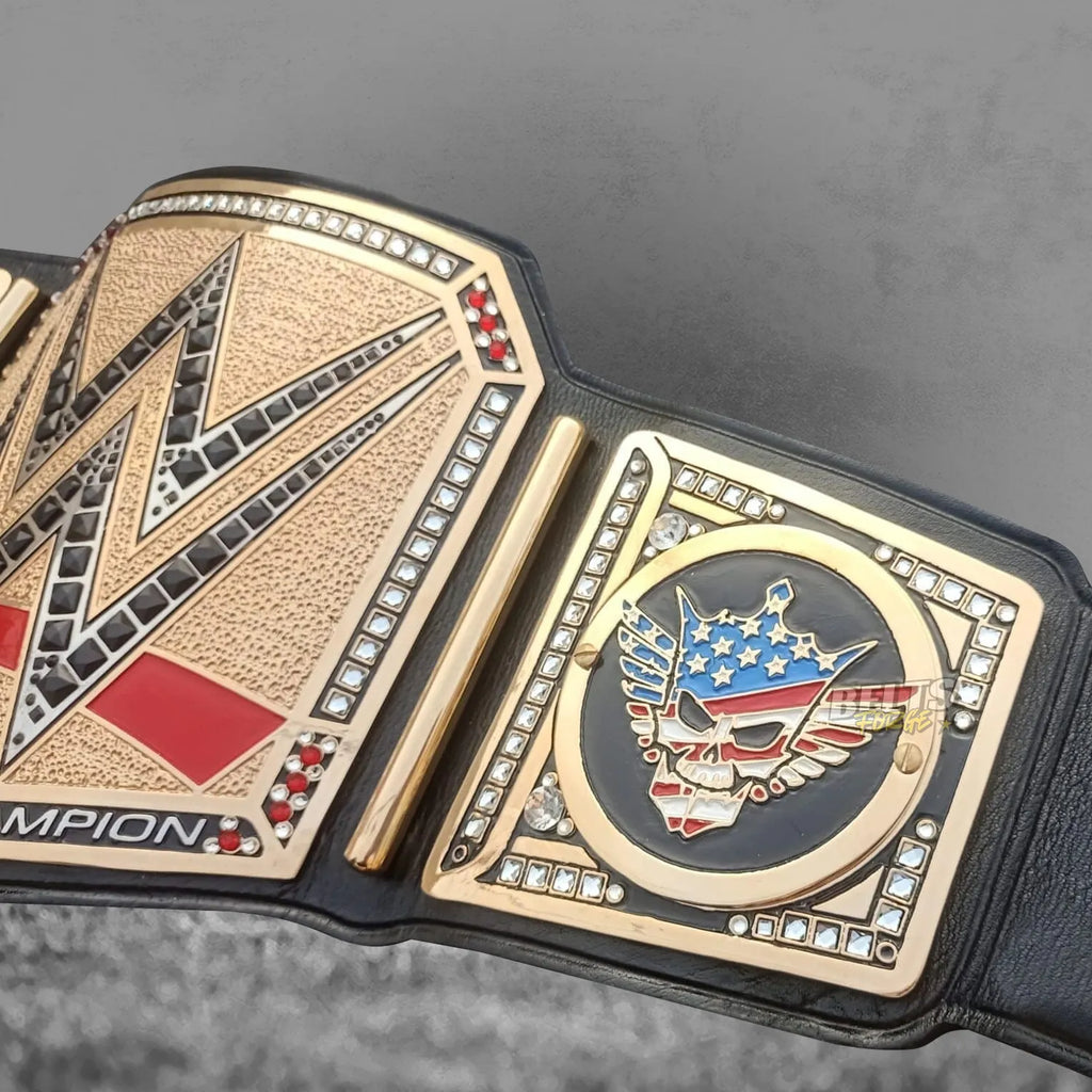 Cody Rhodes American Nightmare championship belt center plate and right skull side plate close-up showing full gold-plated brass plate detail