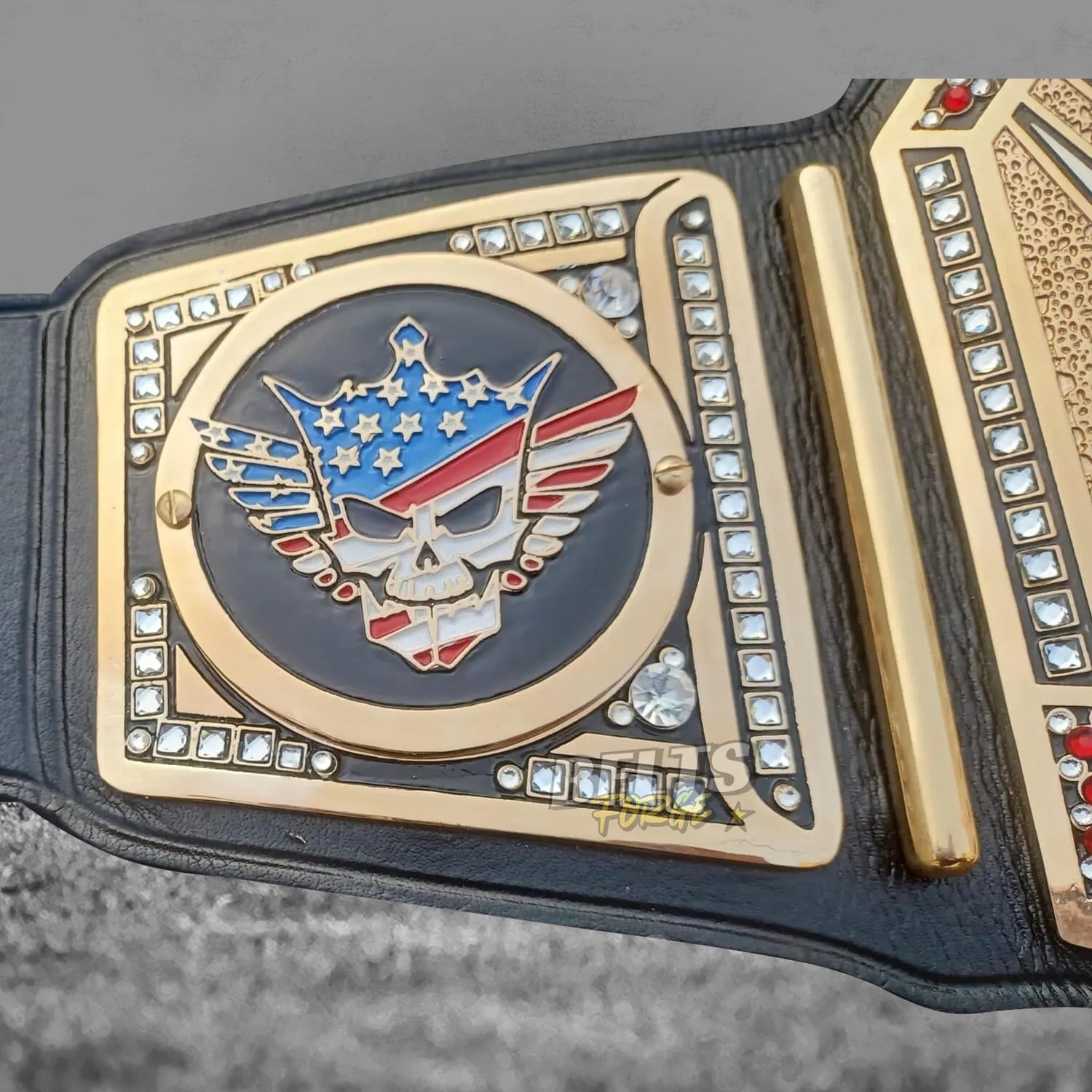 Cody Rhodes American Nightmare championship belt left skull logo side plate close-up showing CNC-engraved gold-plated brass skull design