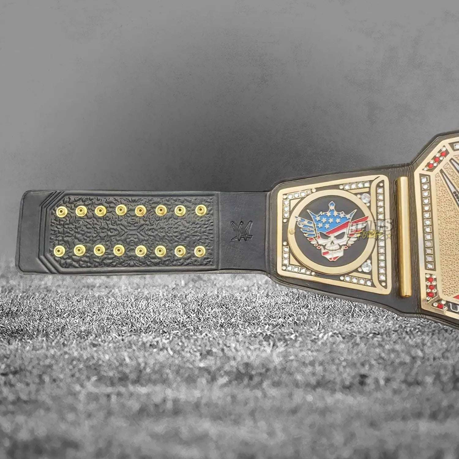 Cody Rhodes American Nightmare championship belt left strap back and American Nightmare skull side plate detail on genuine leather