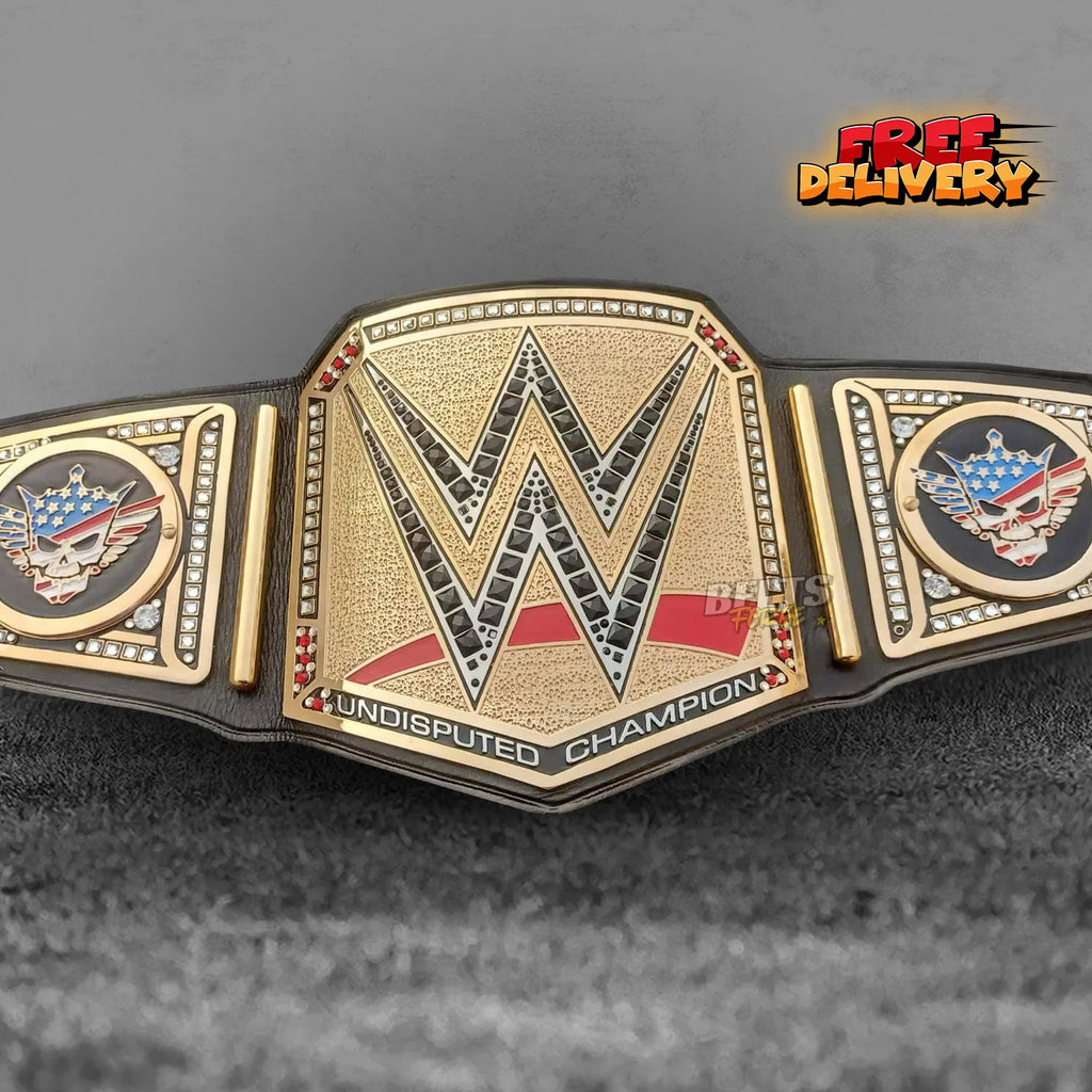 Cody Rhodes American Nightmare Undisputed Championship Belt replica promotional front view, gold-plated brass plates on genuine leather strap by Belts Forge