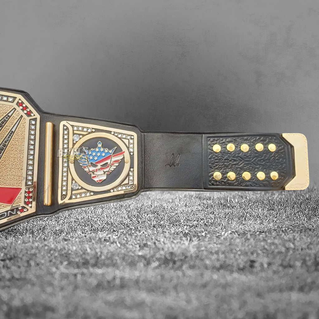 Cody Rhodes American Nightmare championship belt right strap end and skull logo side plate detail on genuine black leather strap