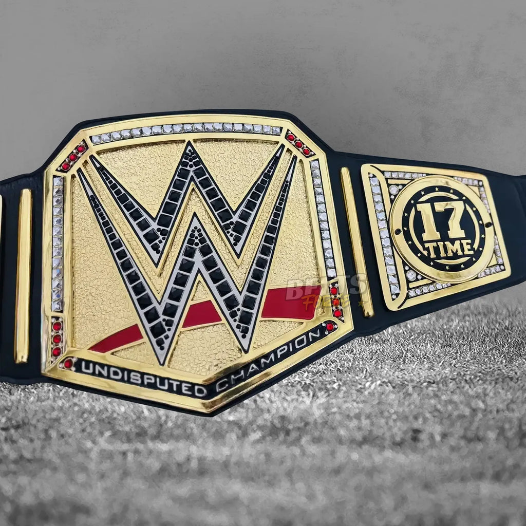 John Cena Farewell 2025 Belt center plate and 17-Time Champion side plate angled view showing gold-plated brass plates detail