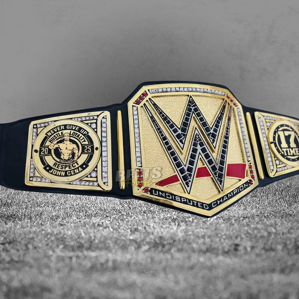 John Cena Undisputed Championship Farewell 2025 Belt full front view showing complete gold-plated brass plates on genuine leather strap