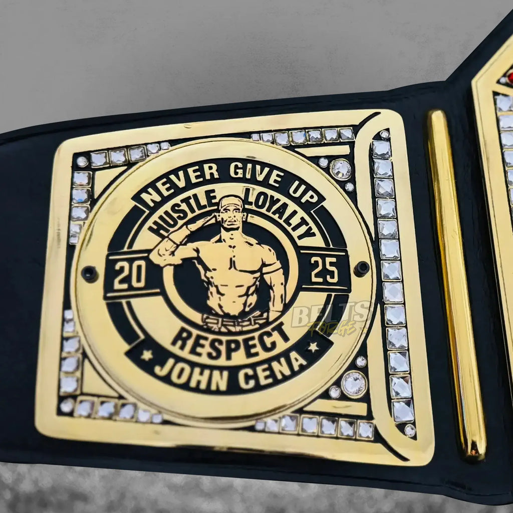 John Cena Never Give Up gold-plated side plate close-up showing Cenation Never Give Up motto engraving on genuine leather strap