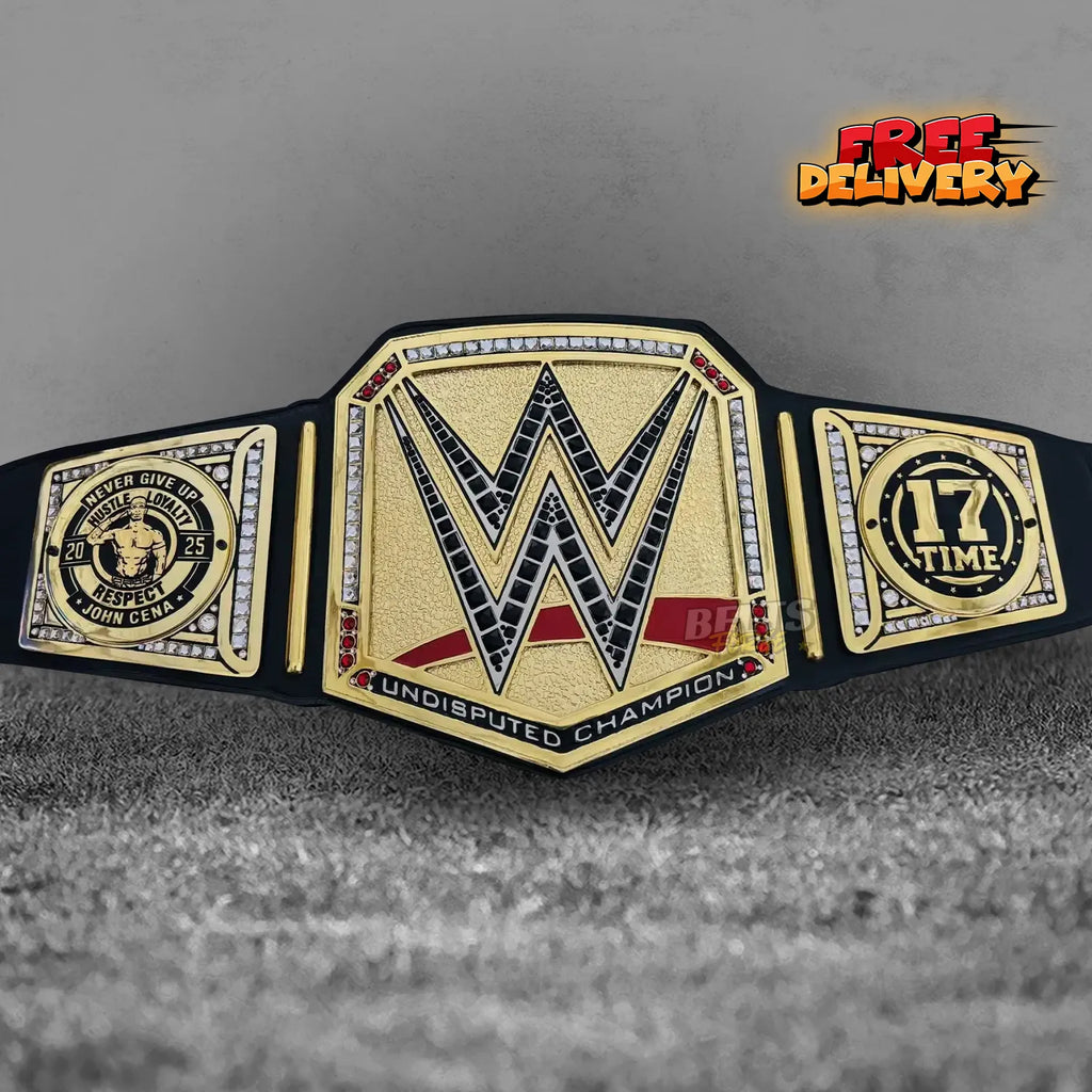 John Cena Undisputed Championship Farewell 2025 Belt replica promotional front view, gold-plated brass plates on genuine black leather strap by Belts Forge