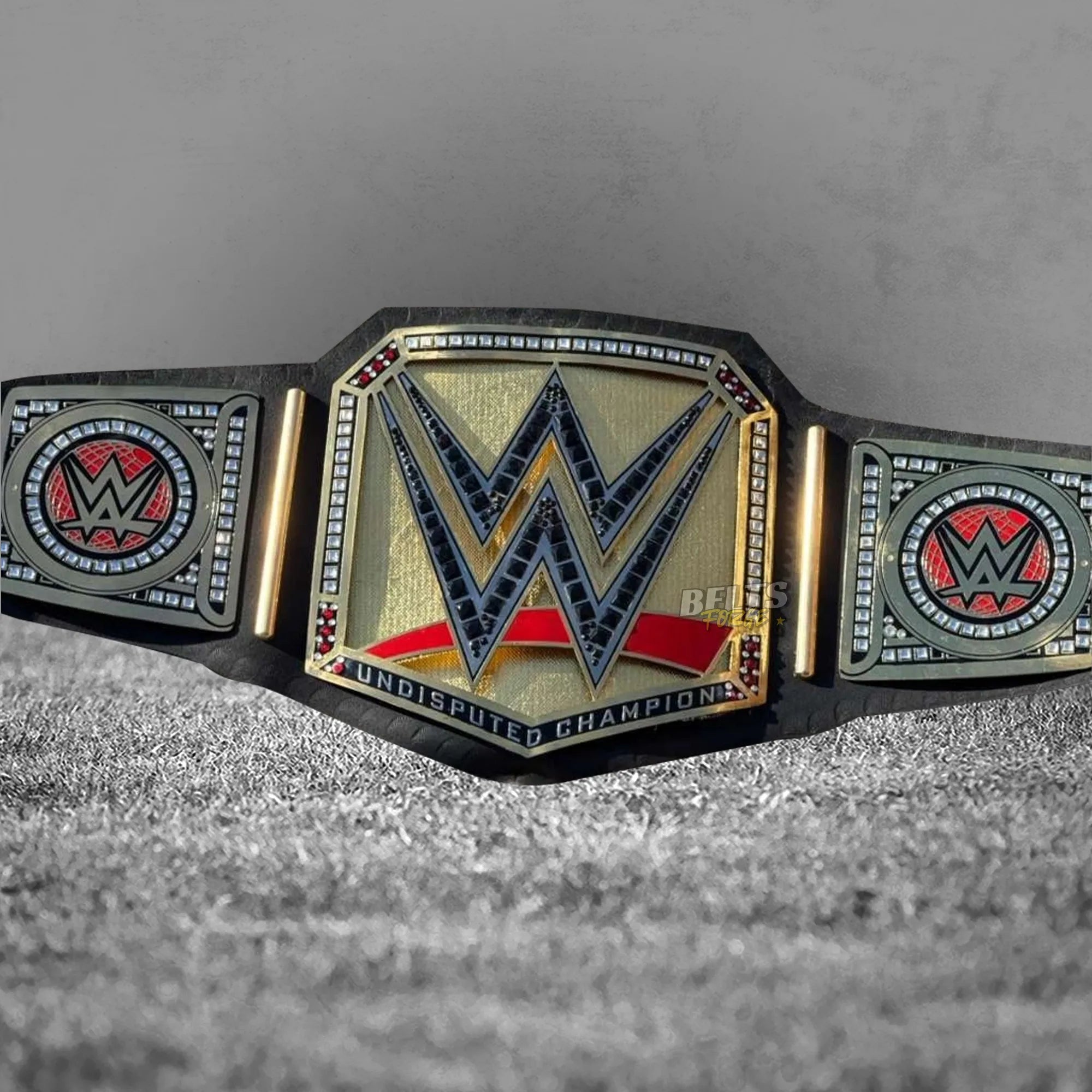 Undisputed Championship Belt angled front view showing silver W logo and circular side plates