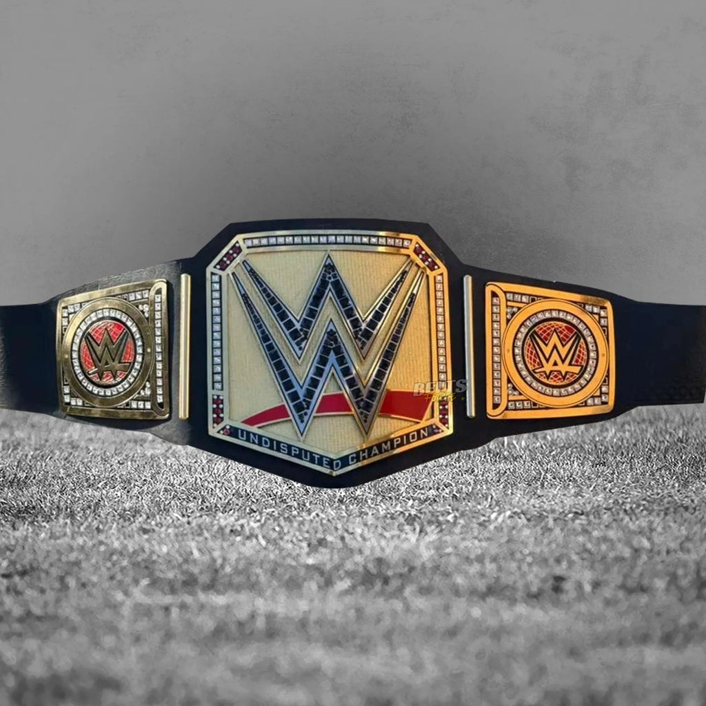 Undisputed Championship Belt gold version front display showing square side plates on genuine leather strap