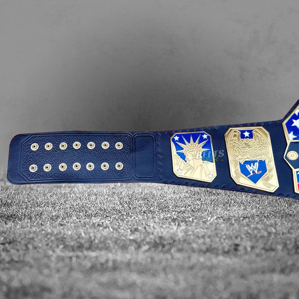 United States Championship Belt back strap buckle end and side plates detail showing gold hardware on leather