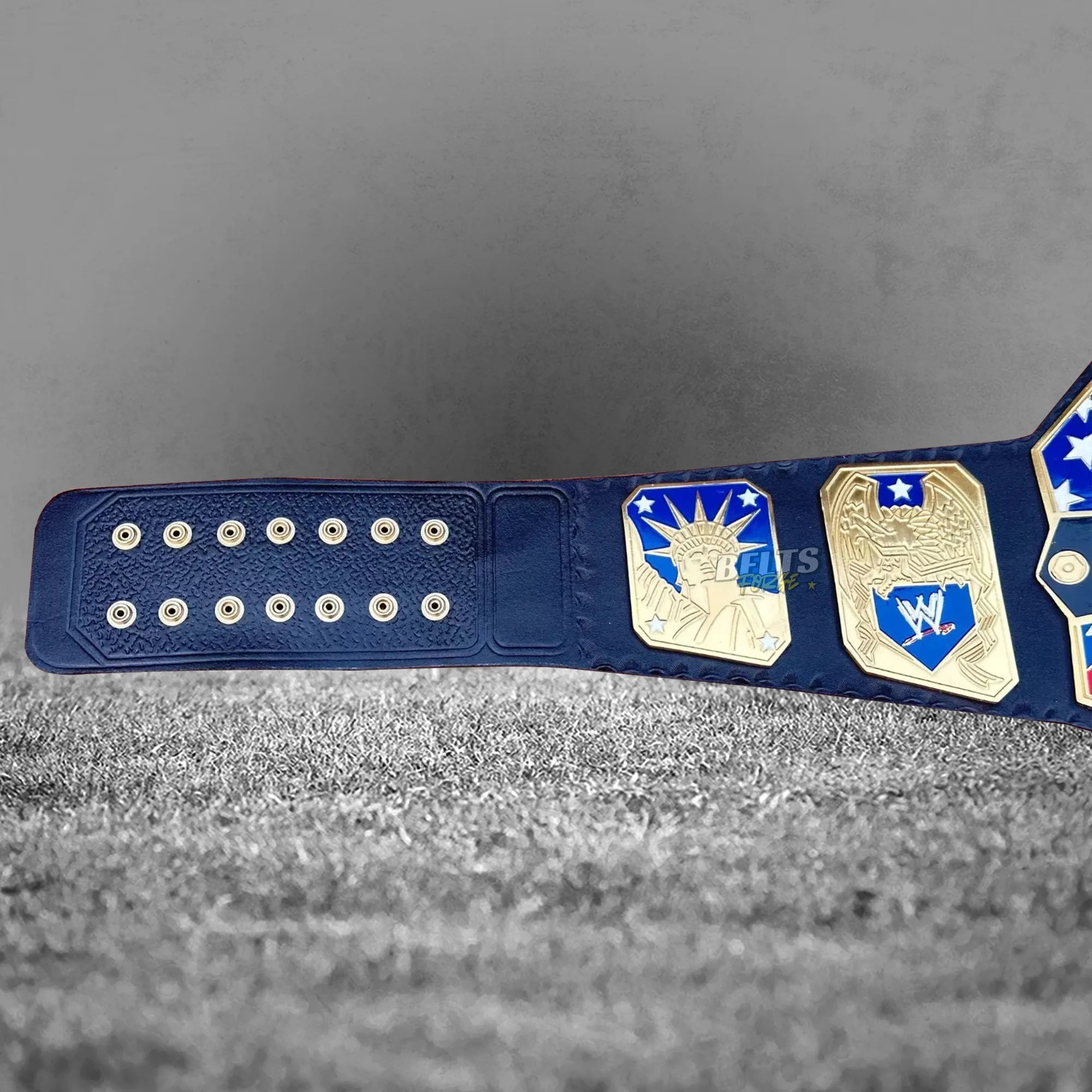 United States Championship Belt back strap buckle end and side plates detail showing gold hardware on leather