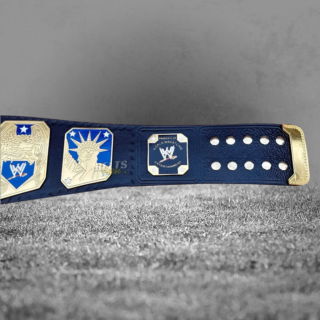 United States Championship Belt left strap end Liberty side plate and buckle detail close-up