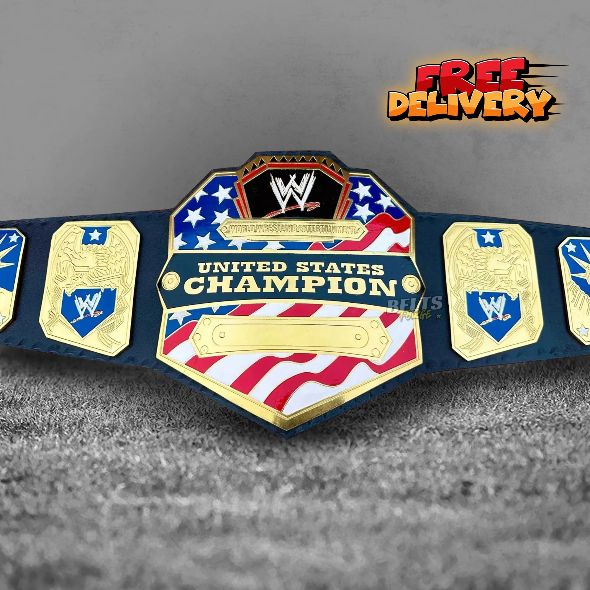 United States Championship Belt replica promotional front view, gold-plated brass plates on genuine leather strap by Belts Forge