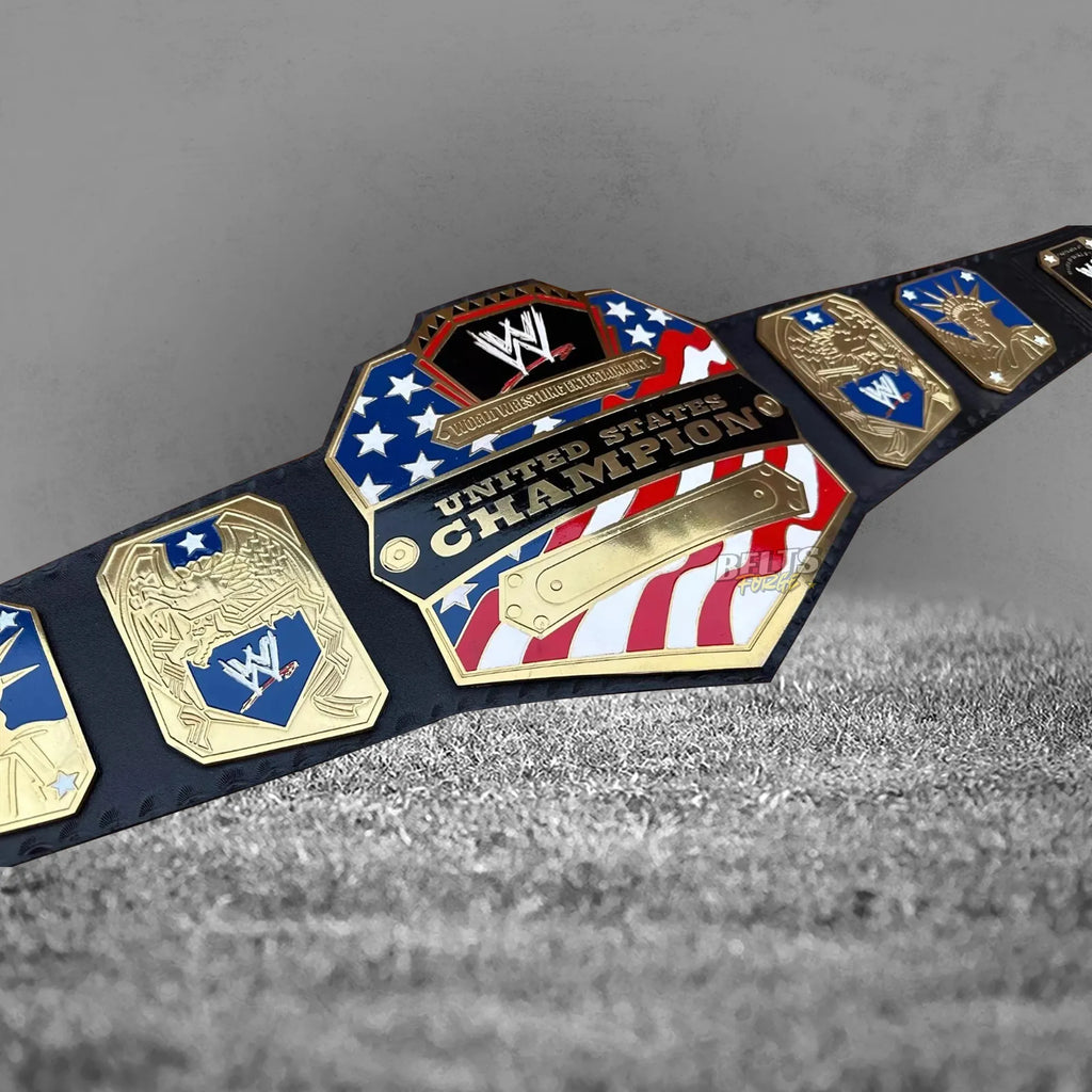 United States Championship Belt right angled display view showing center and Liberty side plates on genuine leather strap