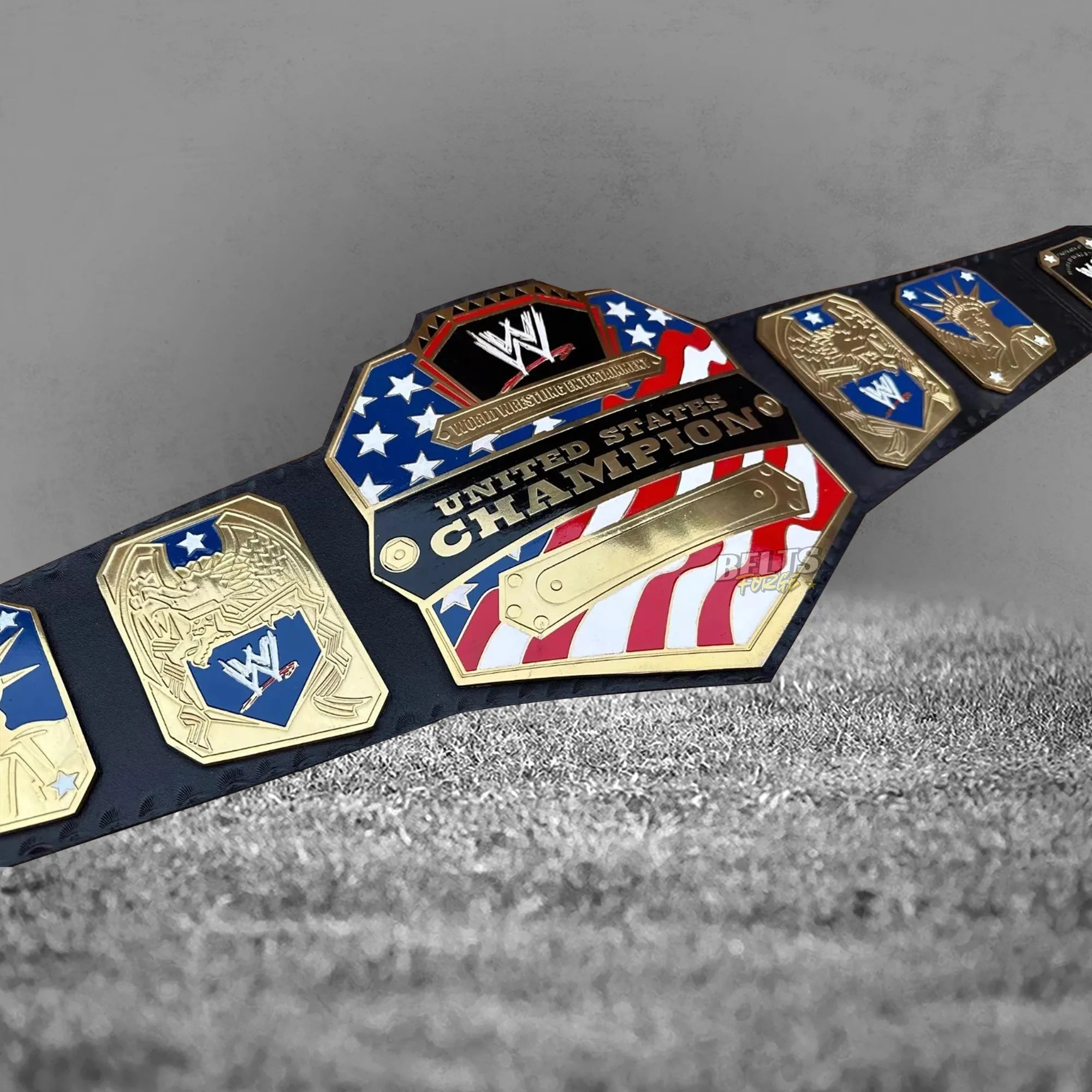 United States Championship Belt right angled display view showing center and Liberty side plates on genuine leather strap