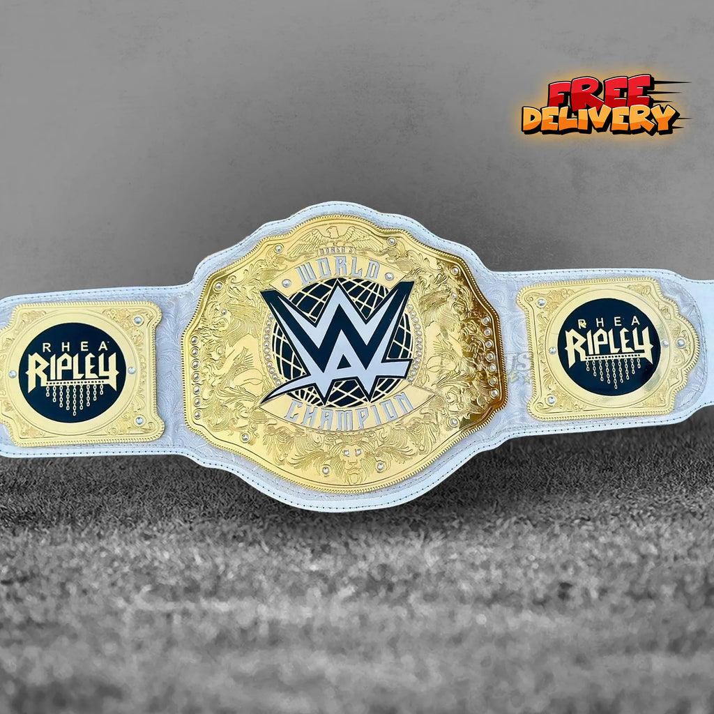 Rhea Ripley Women's World Championship Belt replica front view, gold-plated brass plates on genuine leather strap by Belts Forge