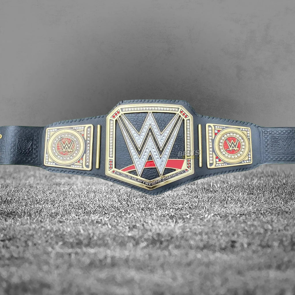 World Heavyweight Championship Belt front display center plate angled close up showing solid brass gold plating