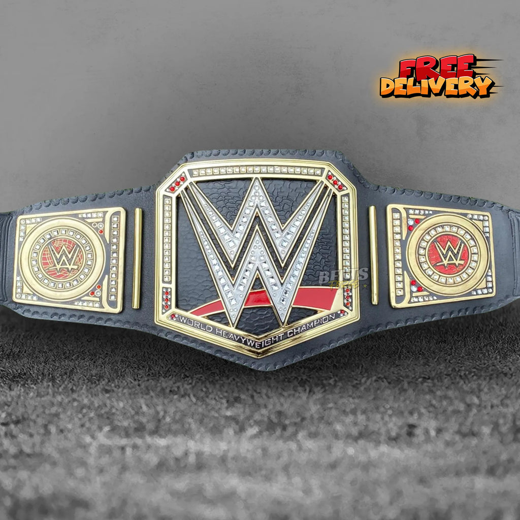 World Heavyweight Championship Belt replica promotional front view showing solid brass gold-plated center and side plates by Belts Forge