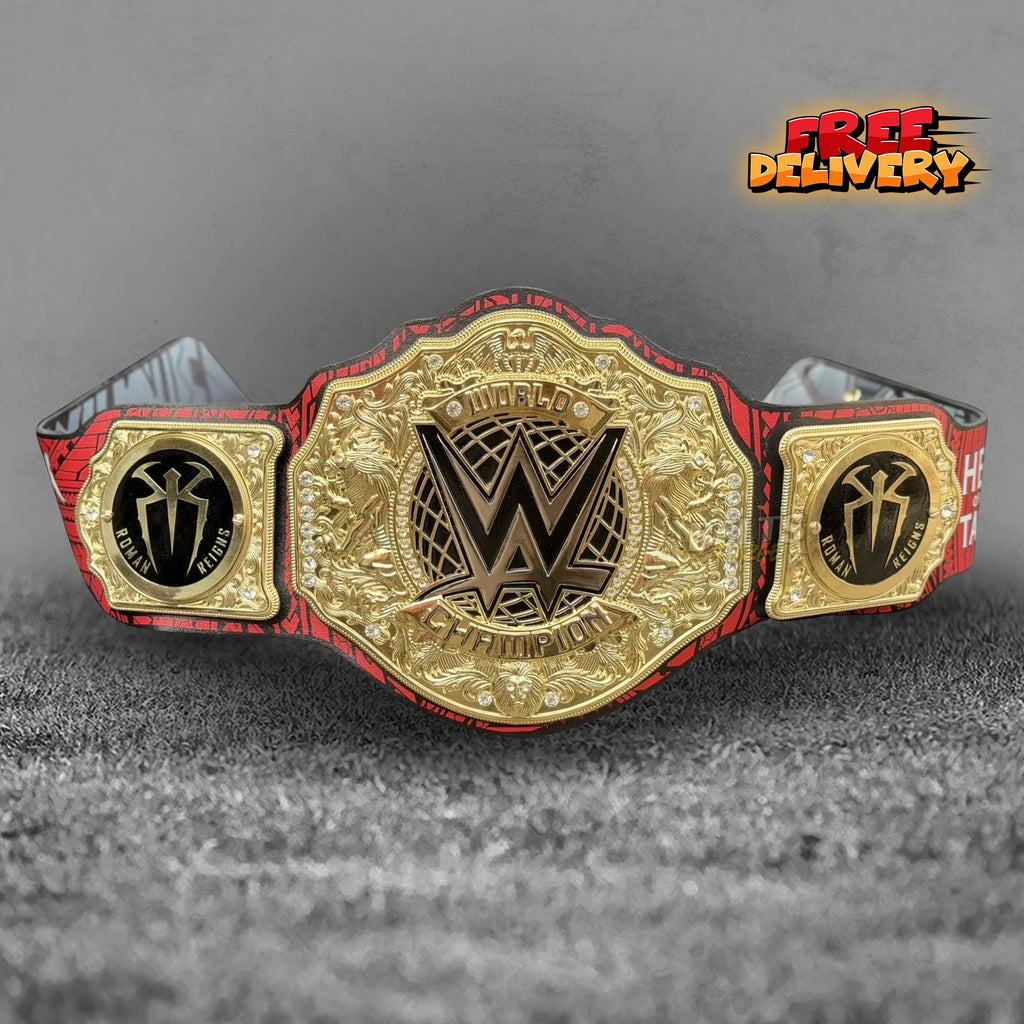 Roman Reigns Head of the Table Championship Belt replica front view, gold-plated brass tribal plates on printed genuine leather strap by Belts Forge