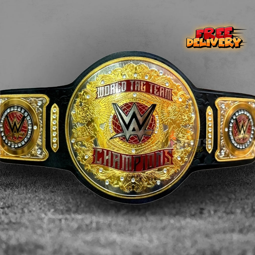 World Tag Team Championship Belt replica front view, gold-plated brass globe main plate on genuine black leather strap by Belts Forge