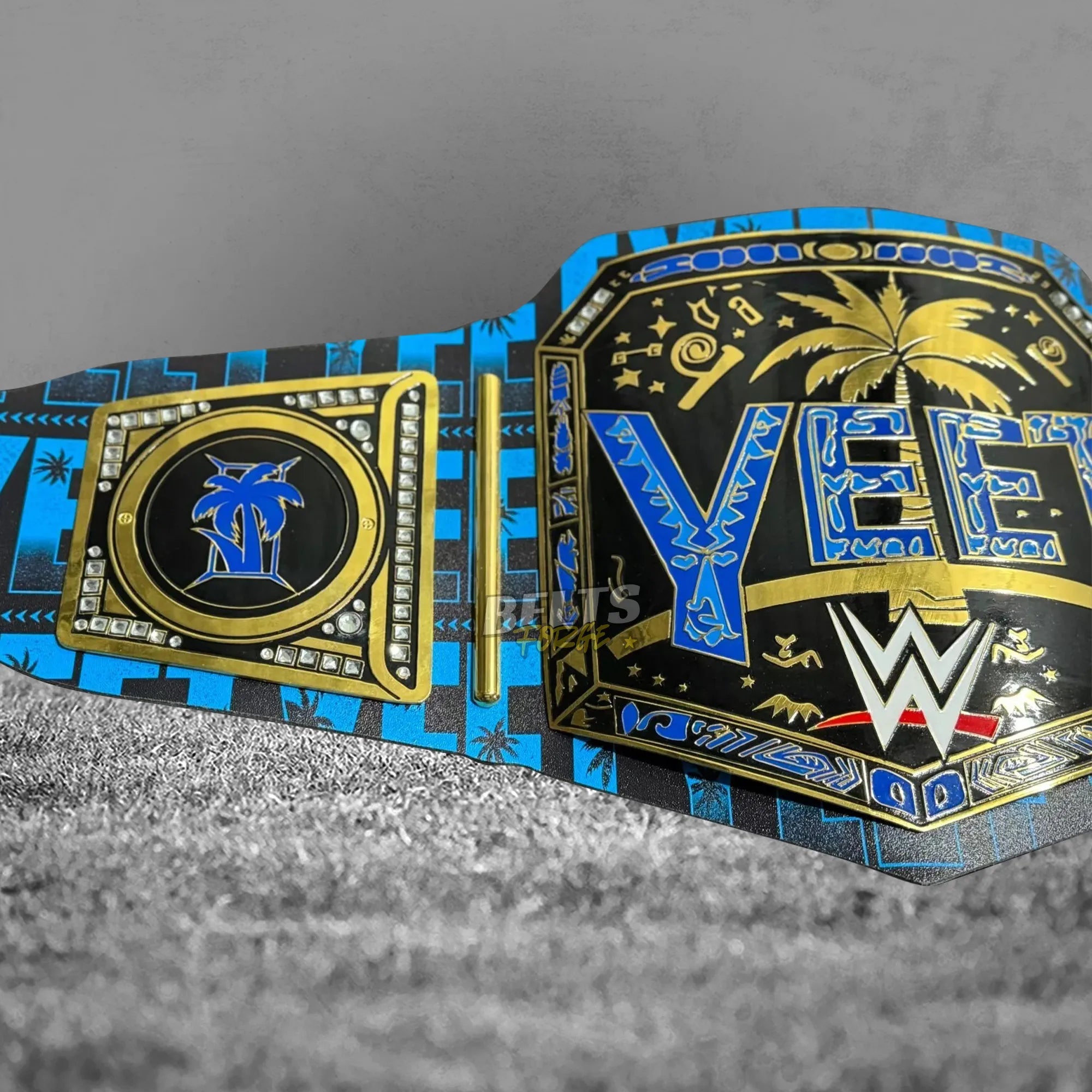 Jey Uso YEET Championship Belt angled display view, gold brass plates and YEET printed black leather strap full perspective