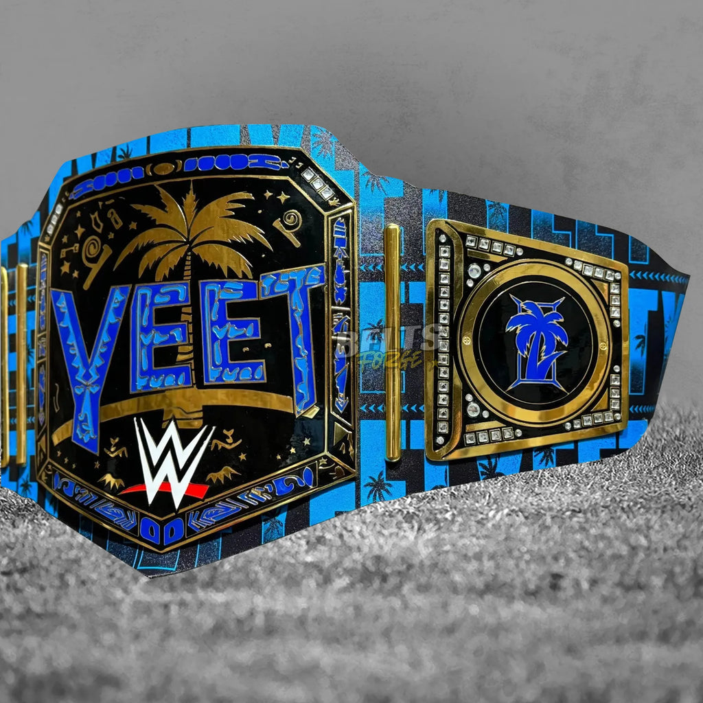 Jey Uso YEET Championship Belt center plate angled close-up showing CNC-engraved gold-plated brass championship detail