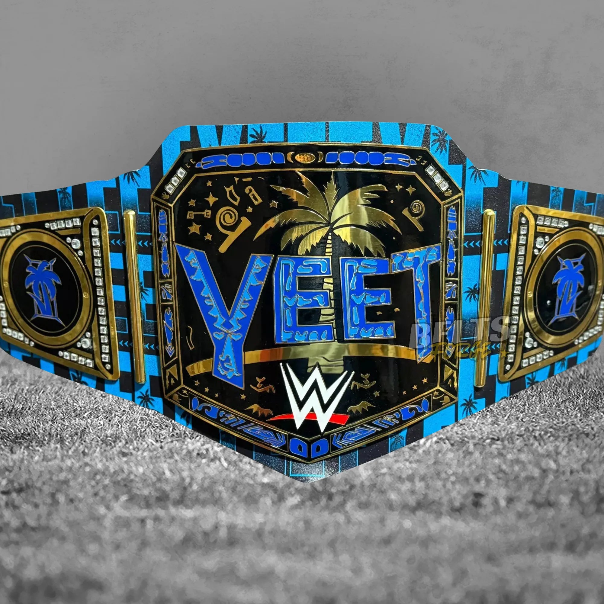Jey Uso YEET Championship Belt front center plate view showing gold-plated brass main plate and YEET printed leather strap