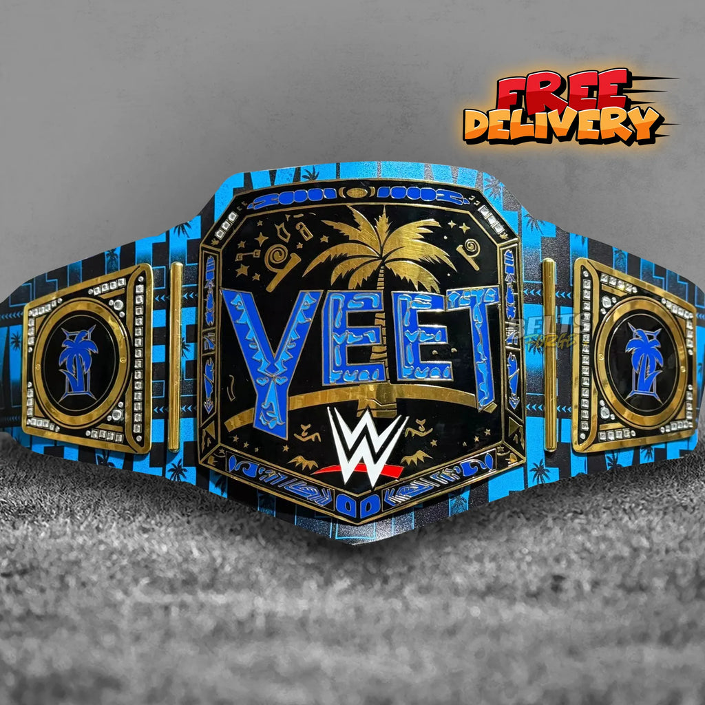 Jey Uso YEET Championship Belt replica front view, gold-plated brass plates on custom YEET printed genuine leather strap by Belts Forge