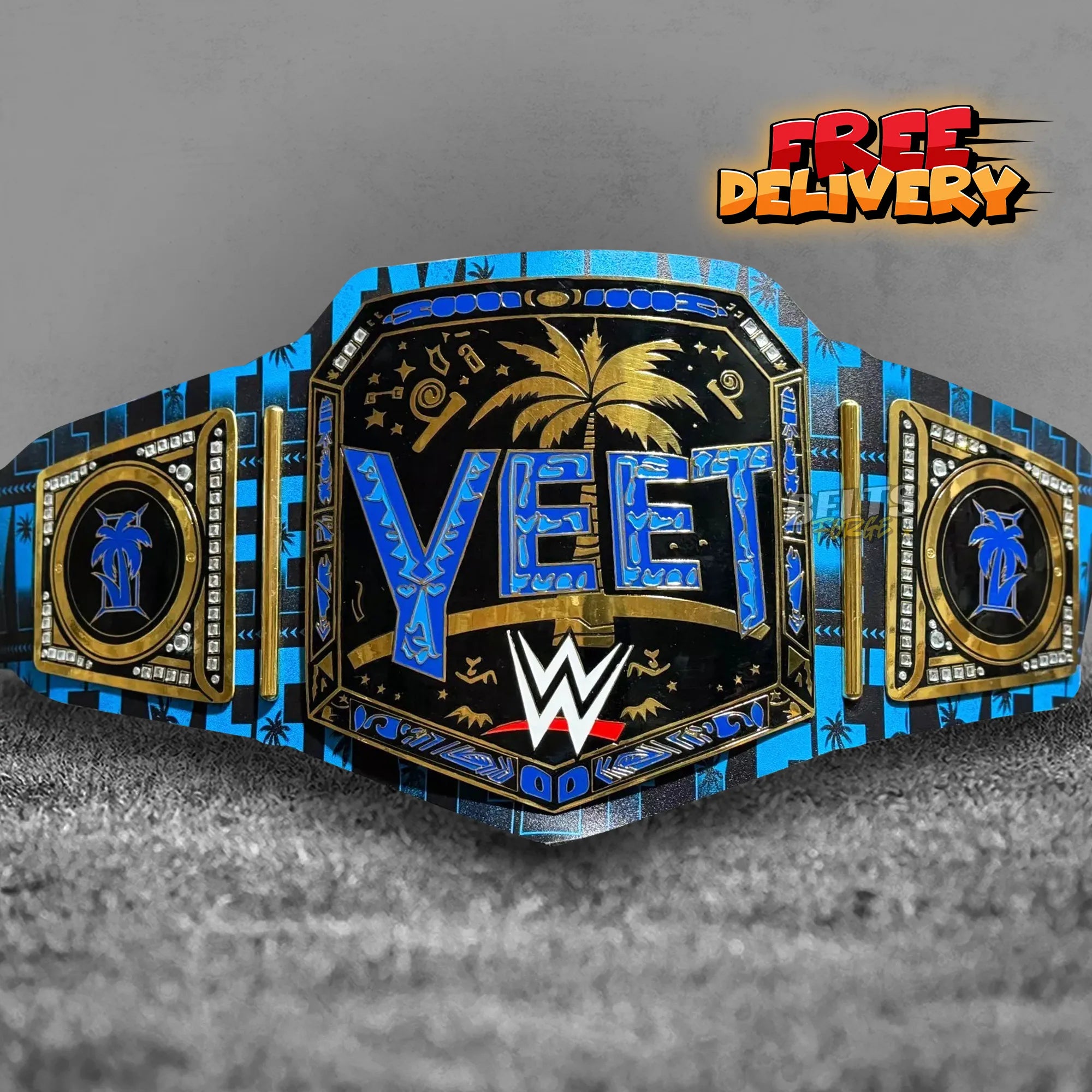 Jey Uso YEET Championship Belt replica front view, gold-plated brass plates on custom YEET printed genuine leather strap by Belts Forge