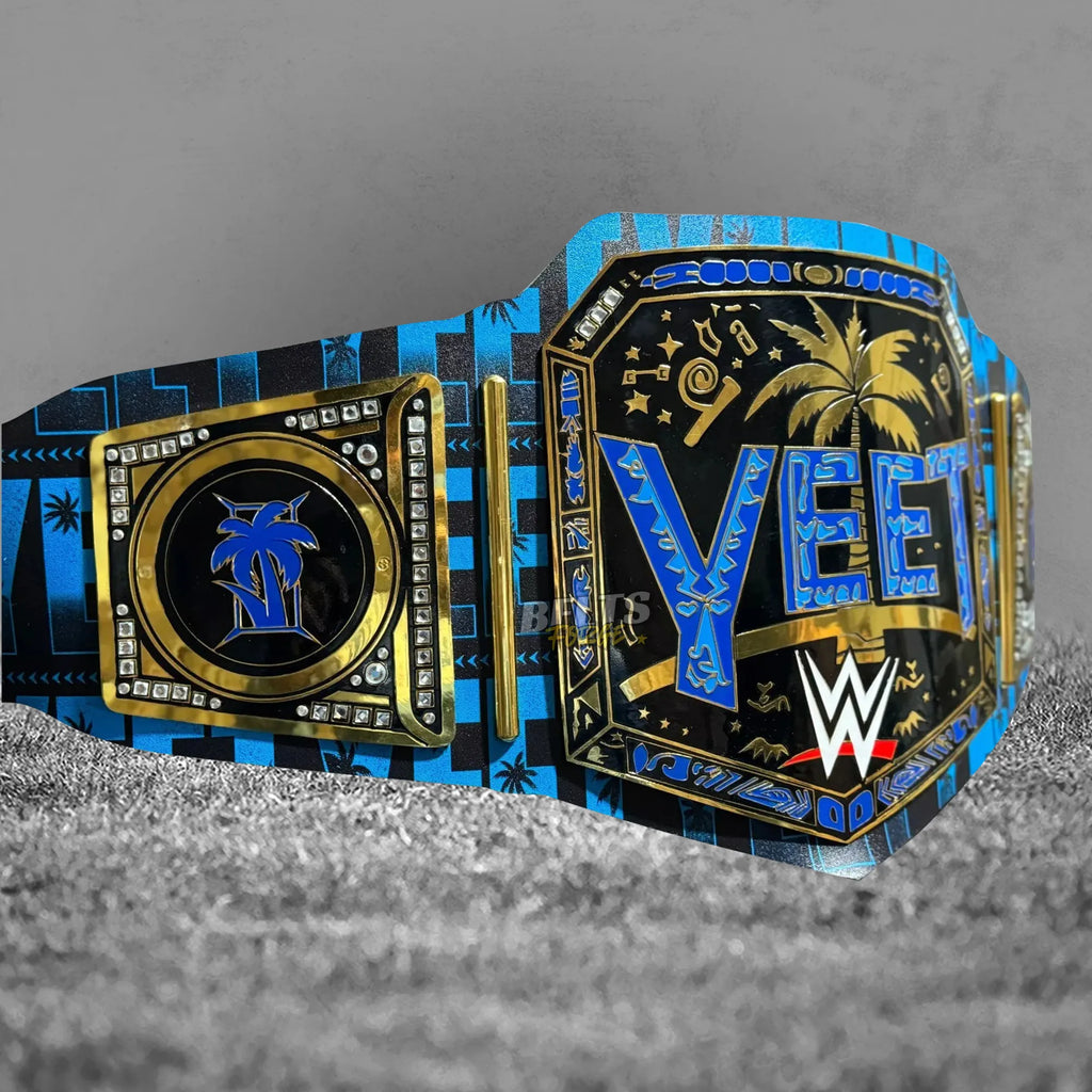 Jey Uso YEET Championship Belt side angle view showing gold-plated side plates and custom YEET print leather strap detail
