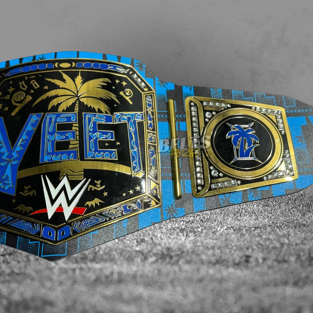 Jey Uso YEET Championship Belt side plate angle view showing gold-plated brass side plate detail on YEET printed leather
