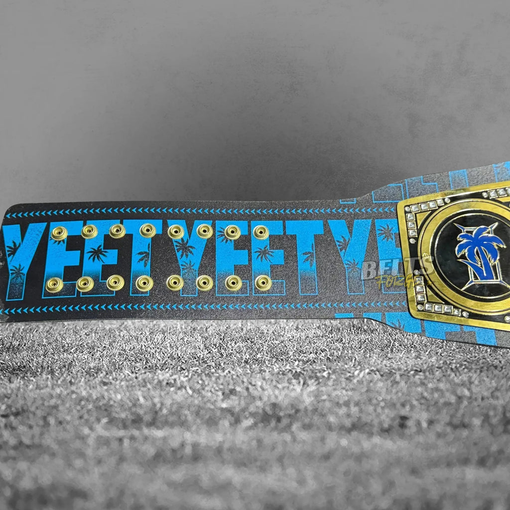 Jey Uso YEET Championship Belt strap pattern detail showing repeating YEET text print on genuine black leather strap