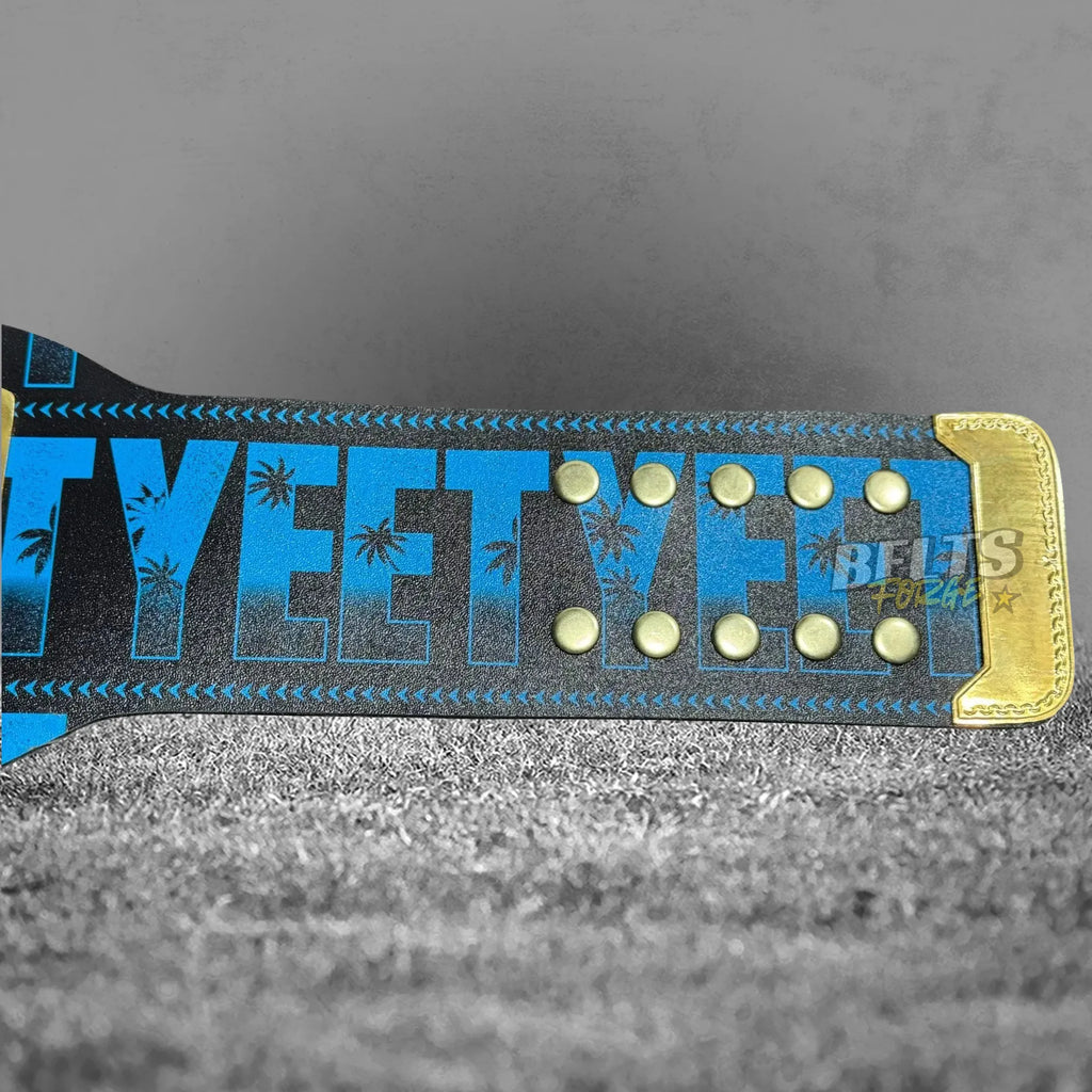 Jey Uso YEET Championship Belt strap text detail showing YEET print pattern on genuine leather strap close-up
