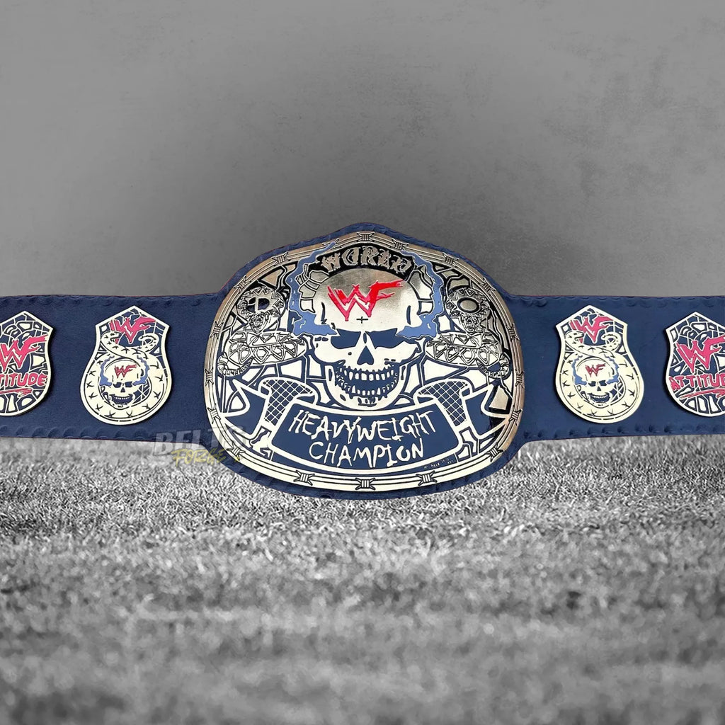 Skull Era Heavyweight Championship Belt full flat lay display view showing complete gold-plated plates on leather strap