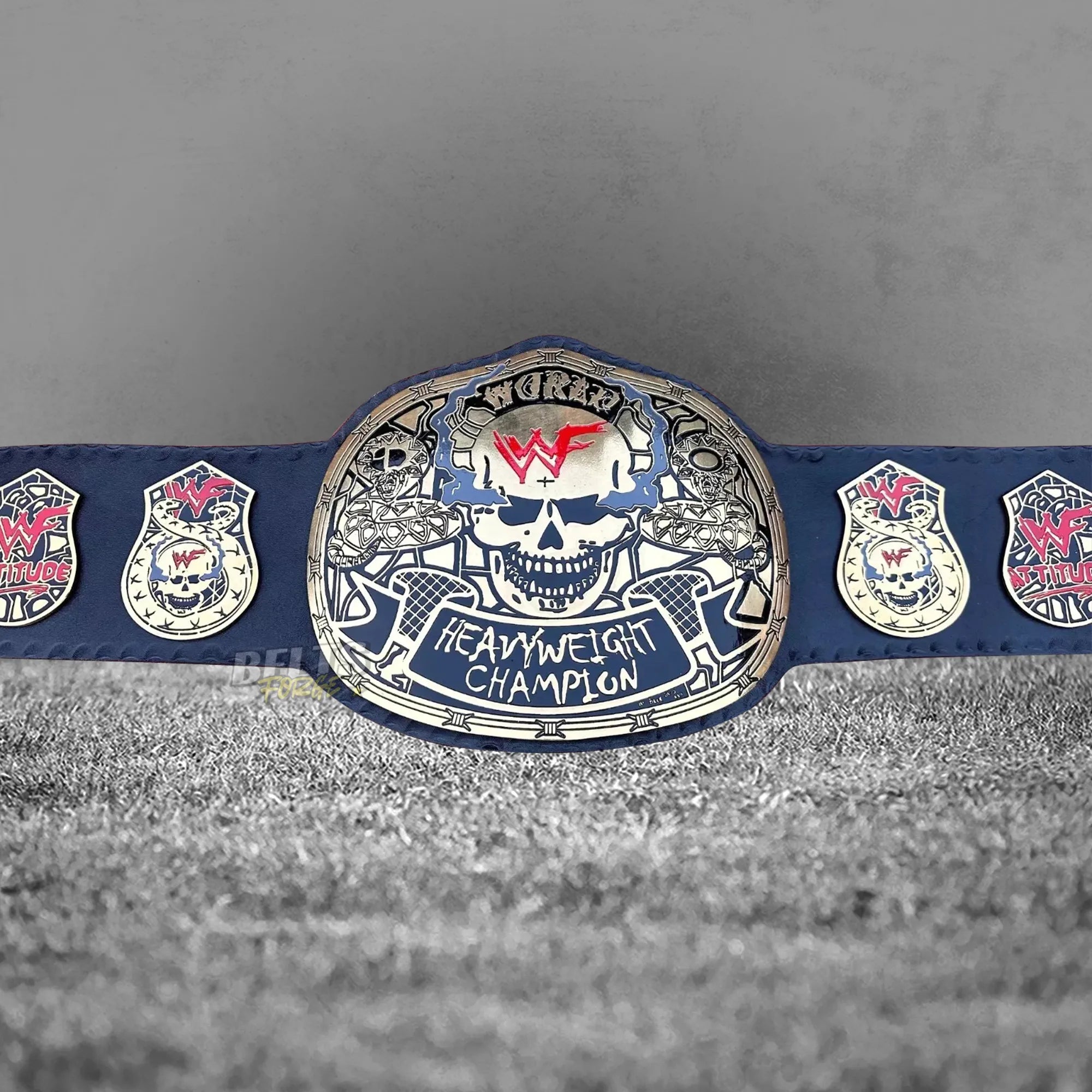 Skull Era Heavyweight Championship Belt full flat lay display view showing complete gold-plated plates on leather strap