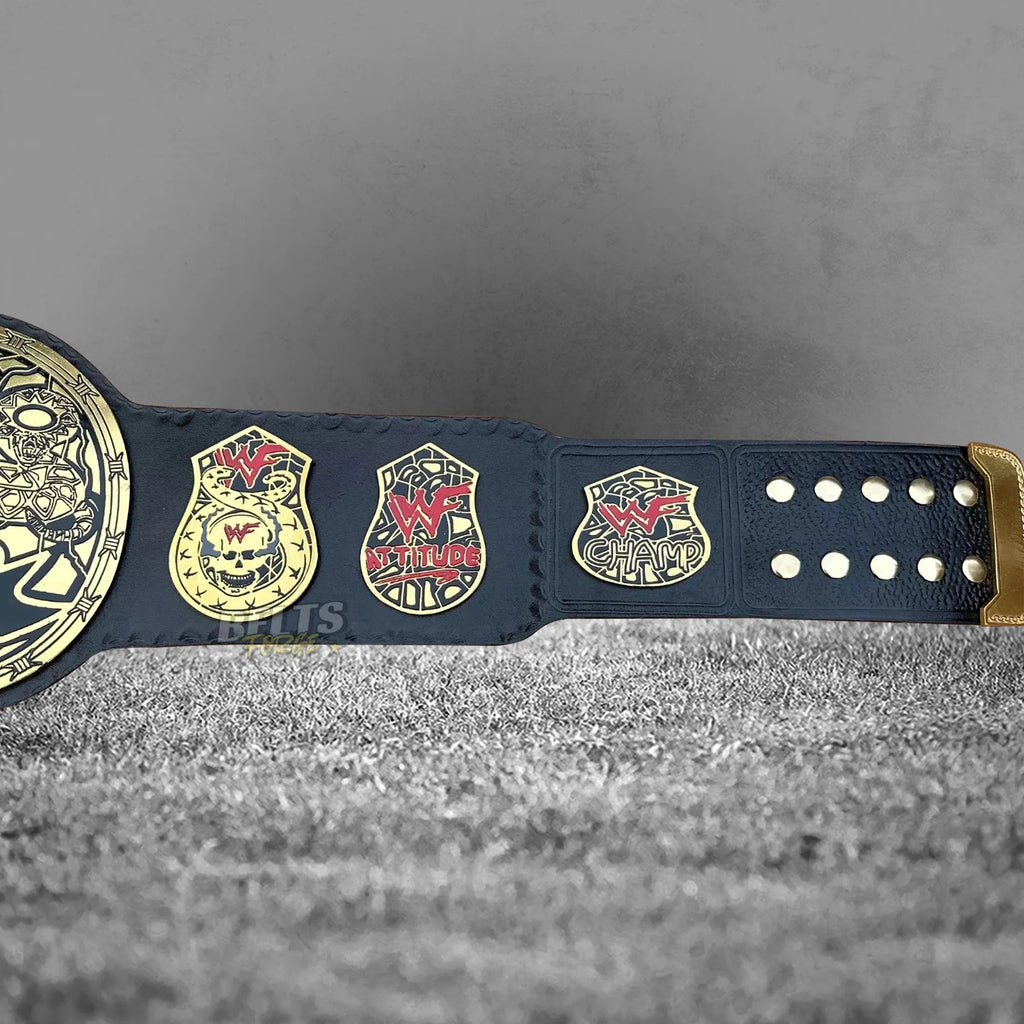 Skull Era Heavyweight Championship Belt right strap side plates and buckle detail showing gold-plated brass on leather strap